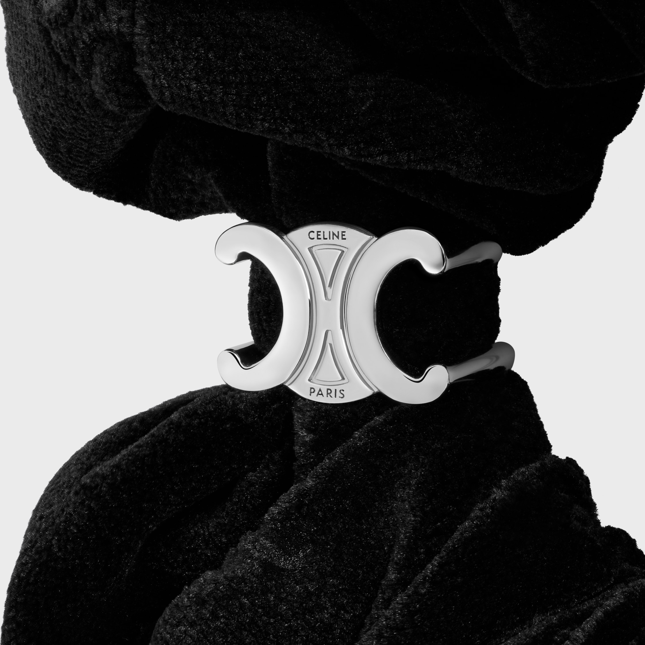 Celine Stamped Scrunchy in Polyester and Brass with Rhodium Finish - 2