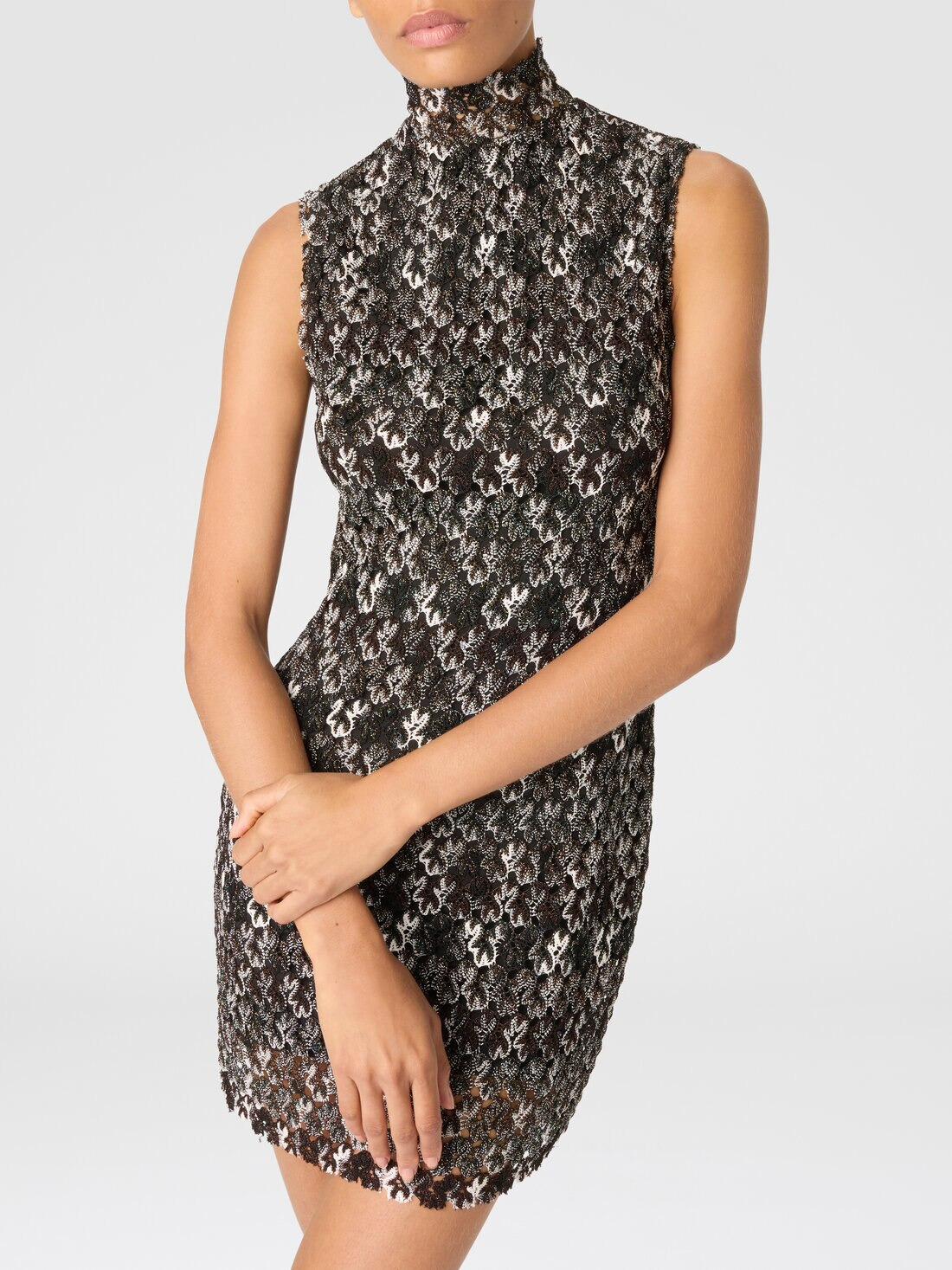 High-Neck Mini Dress in Embroidered Lace - 4