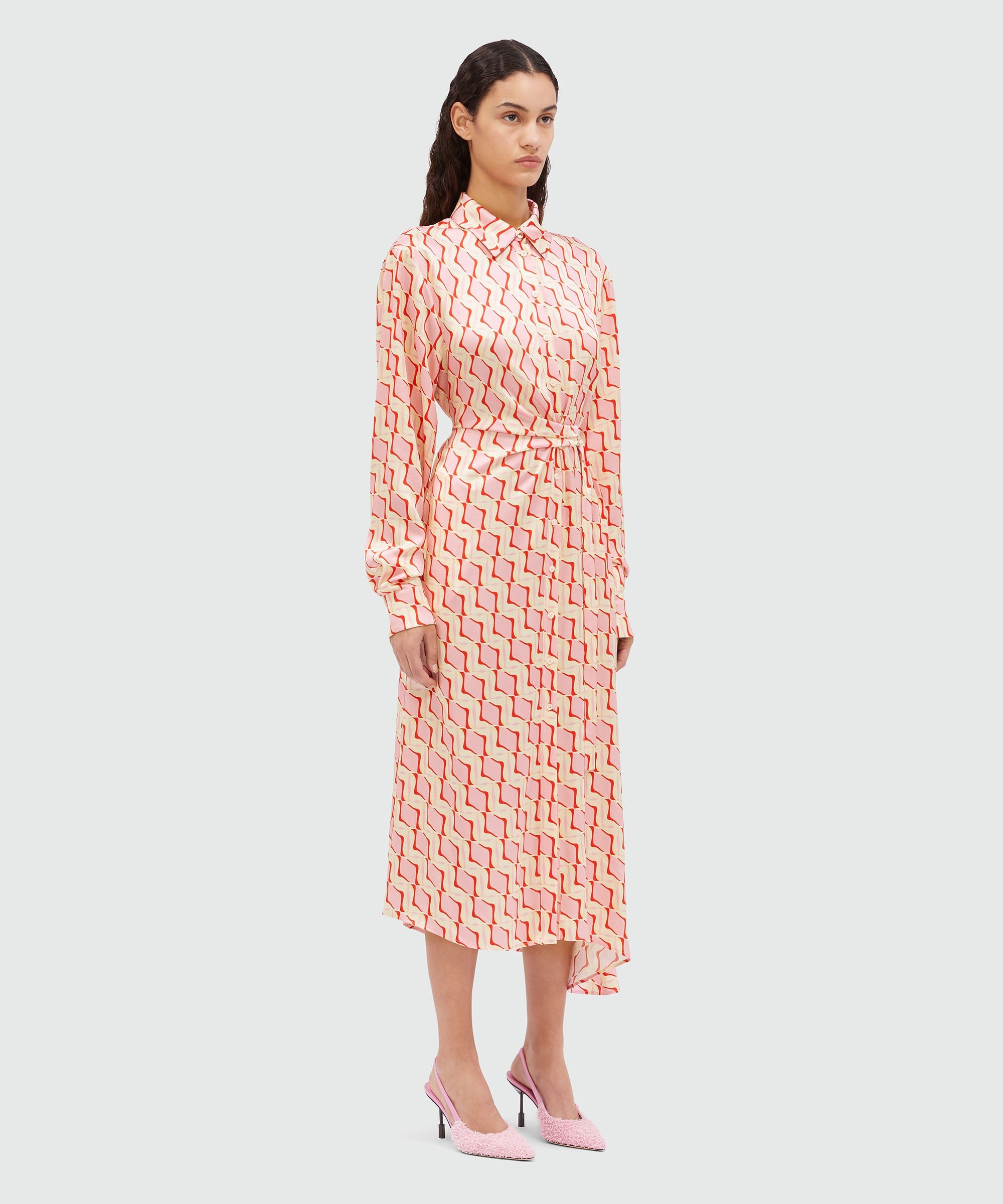"Optical tiles" print satin shirt dress - 4