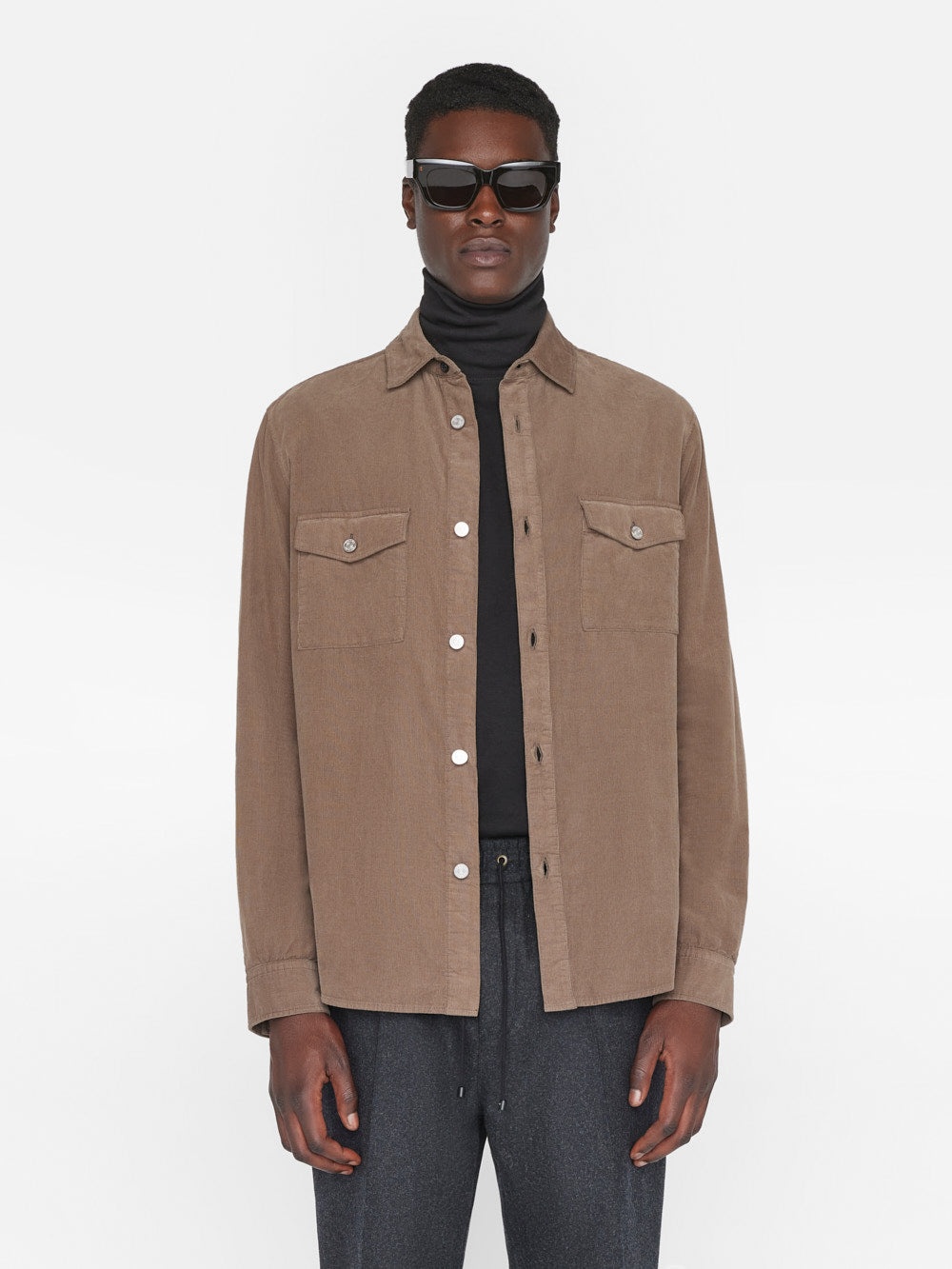 Double Pocket Micro Corduroy Shirt in Mocha - 3