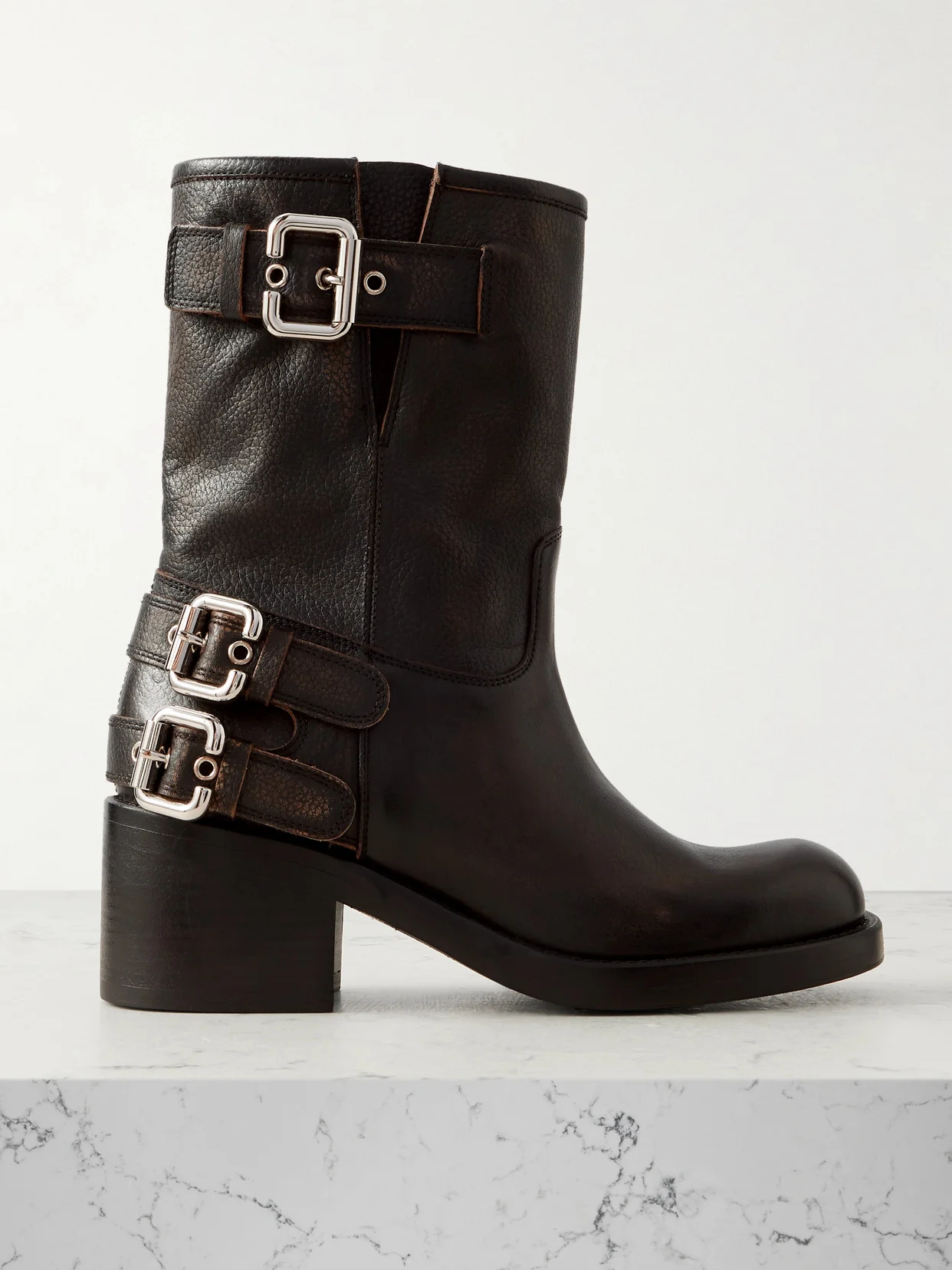 Buckled Textured-leather Ankle Boots - 1