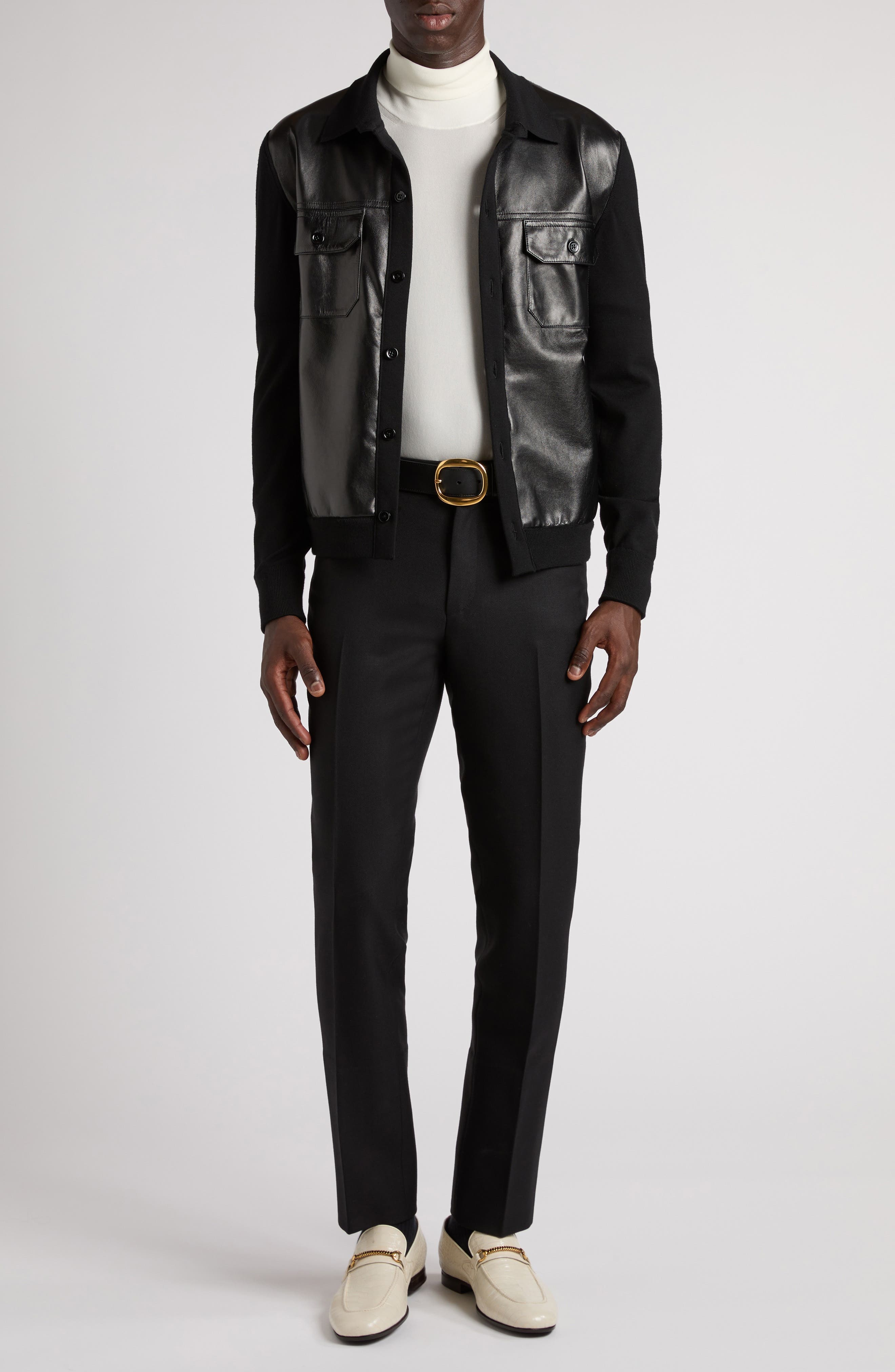 TOM FORD Mixed Media Leather & Wool Shirt Jacket in Lb999 Black at Nordstrom - 2