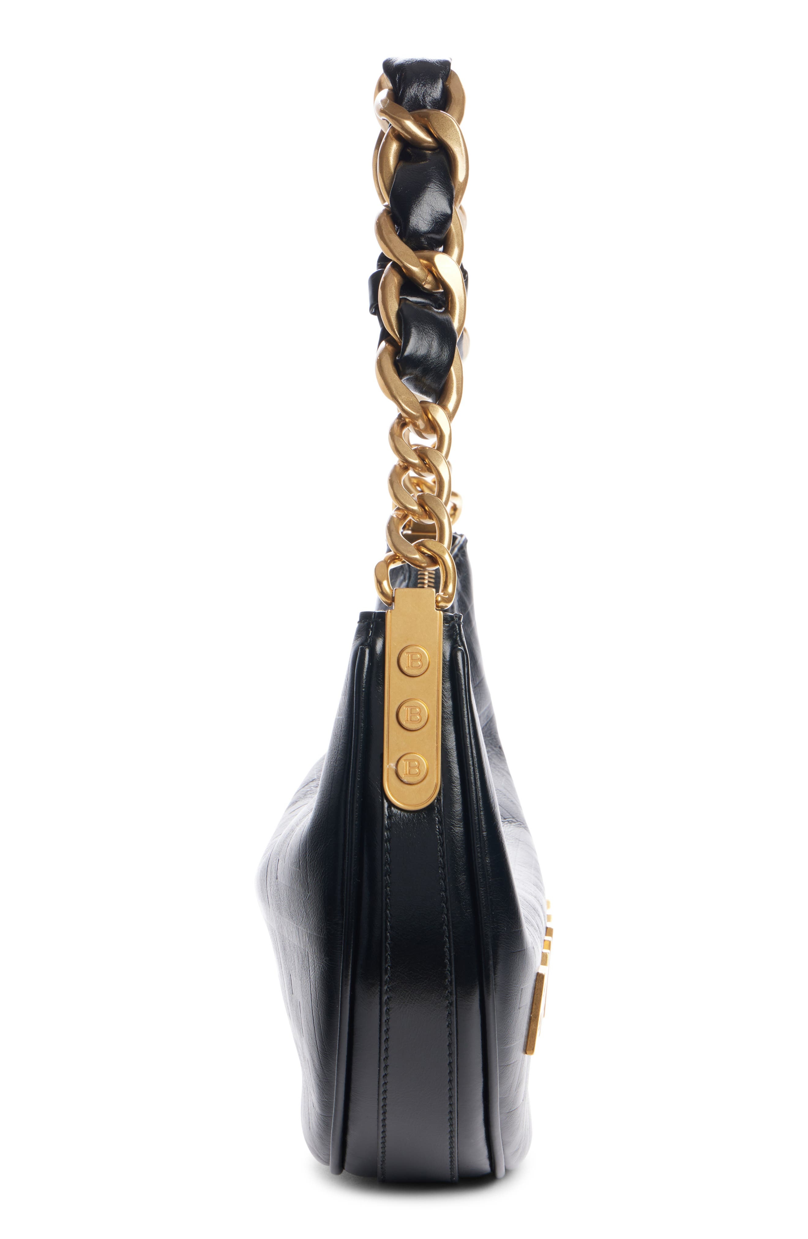 Balmain 1945 Soft Moon Logo Embossed Leather Hobo Bag in 0Pa Black at Nordstrom - 4