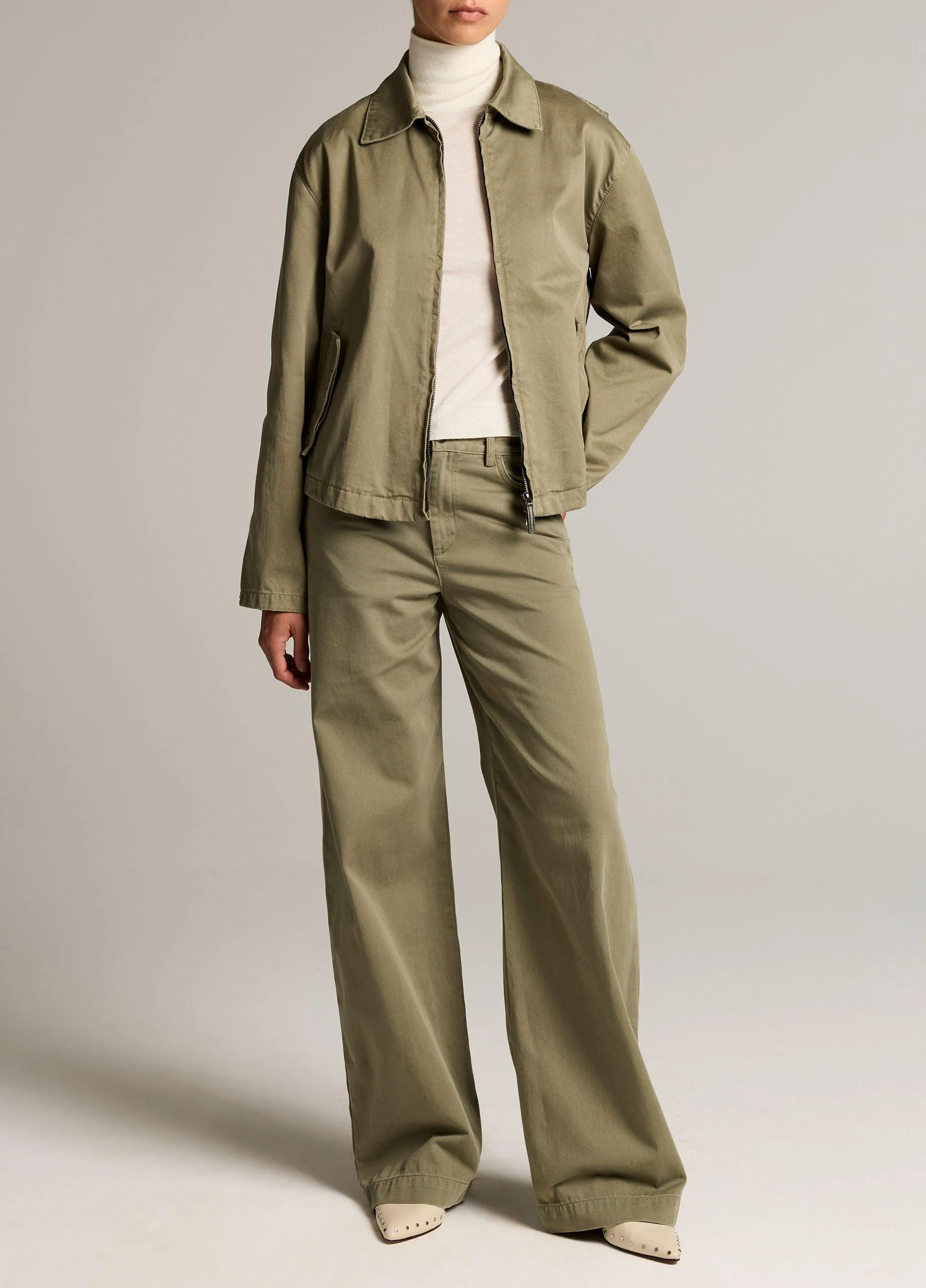 Washed Cotton Twill Mid-Rise Wide-Leg Pant - 1