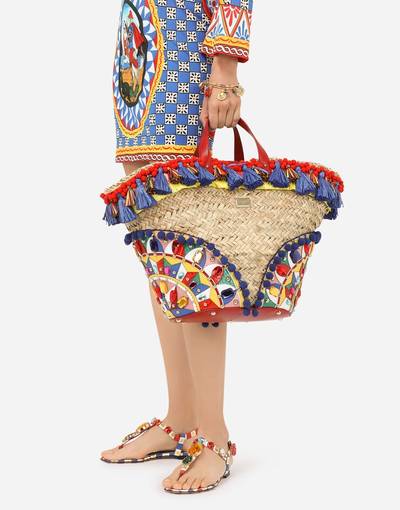 Dolce & Gabbana Carretto-print patent leather thong sandals with bejeweled appliqué outlook