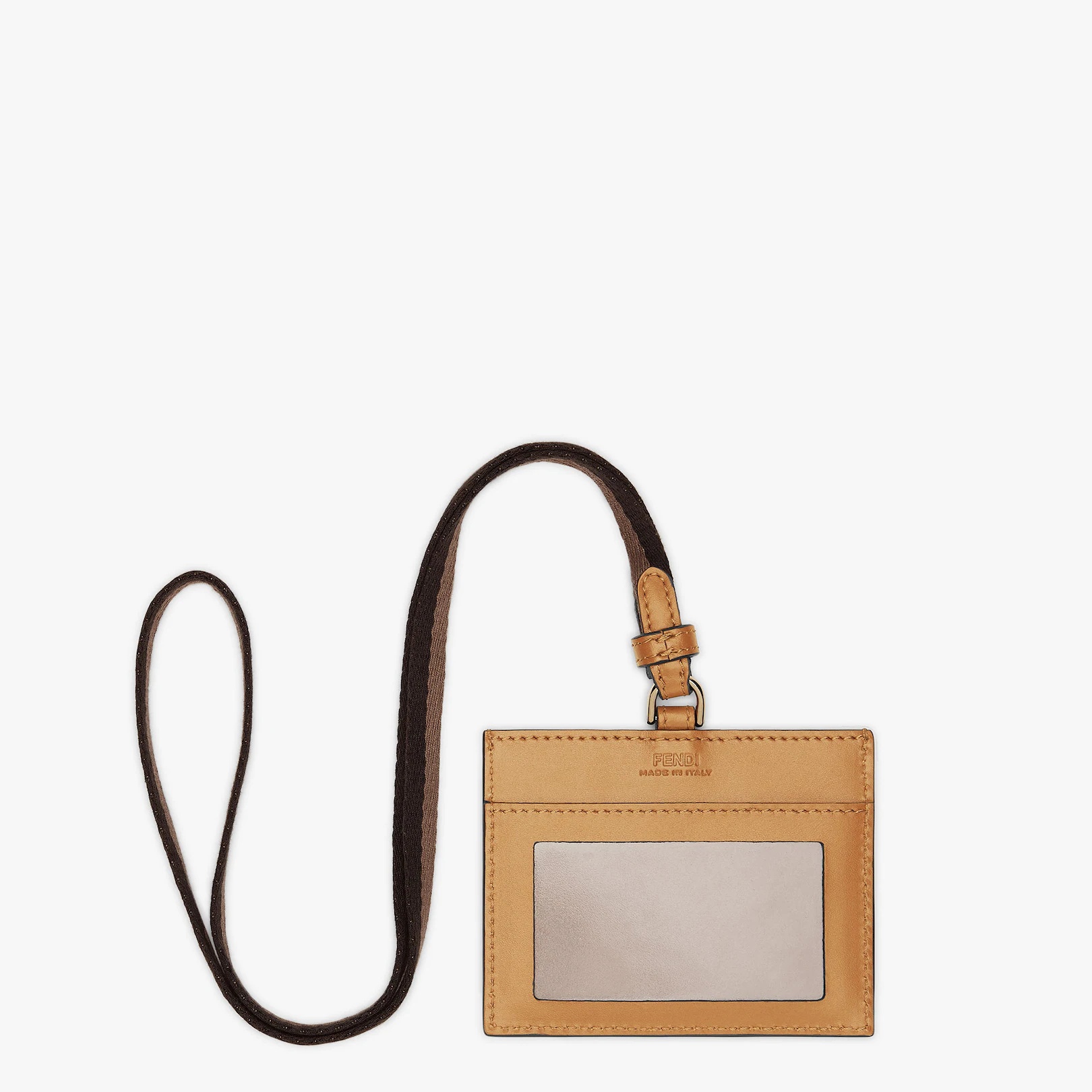 Fendi Roma name badge with a flat pocket and Pequin ribbon strap. Made of beige leather. Embellished - 2