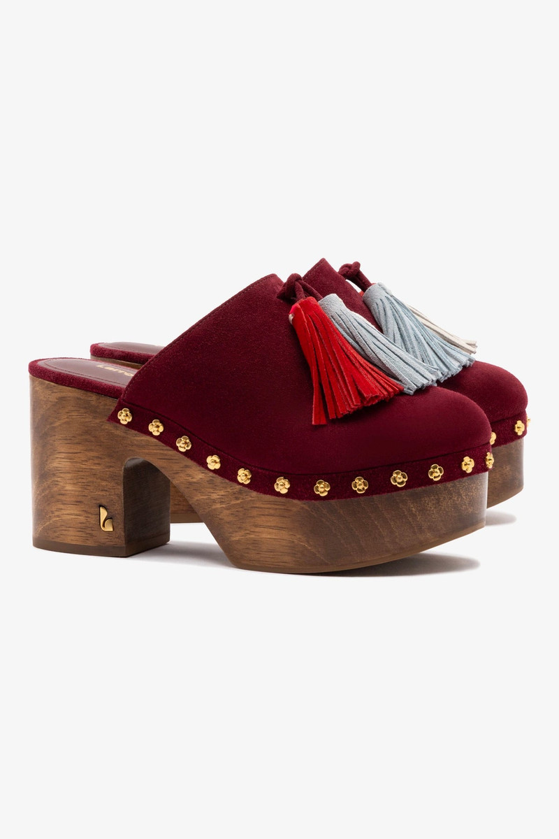 Miso Wooden Tassel Clog In Burgundy Suede 3