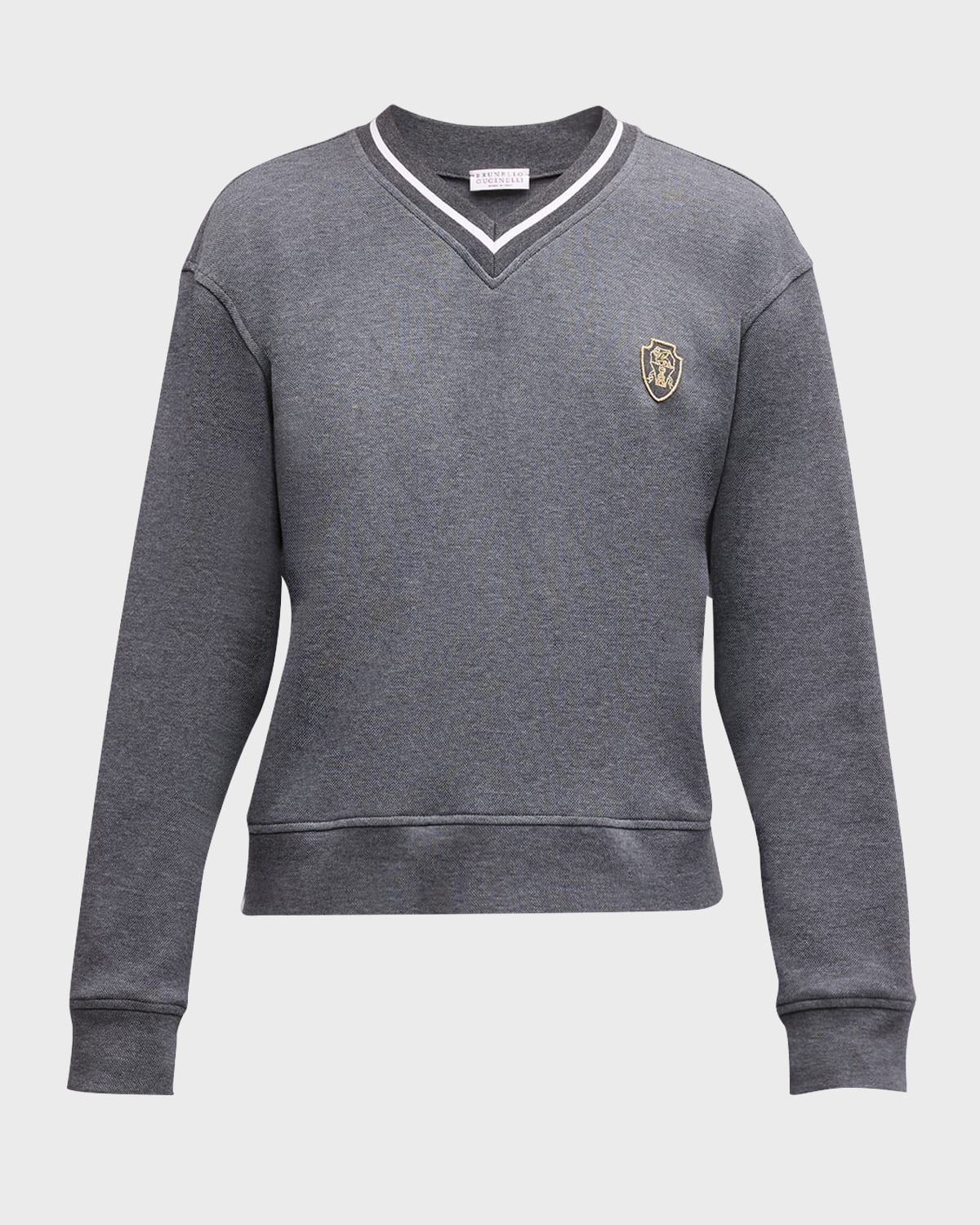 Crest-Embroidered Striped V-Neck Piquet Fleece Sweatshirt - 1