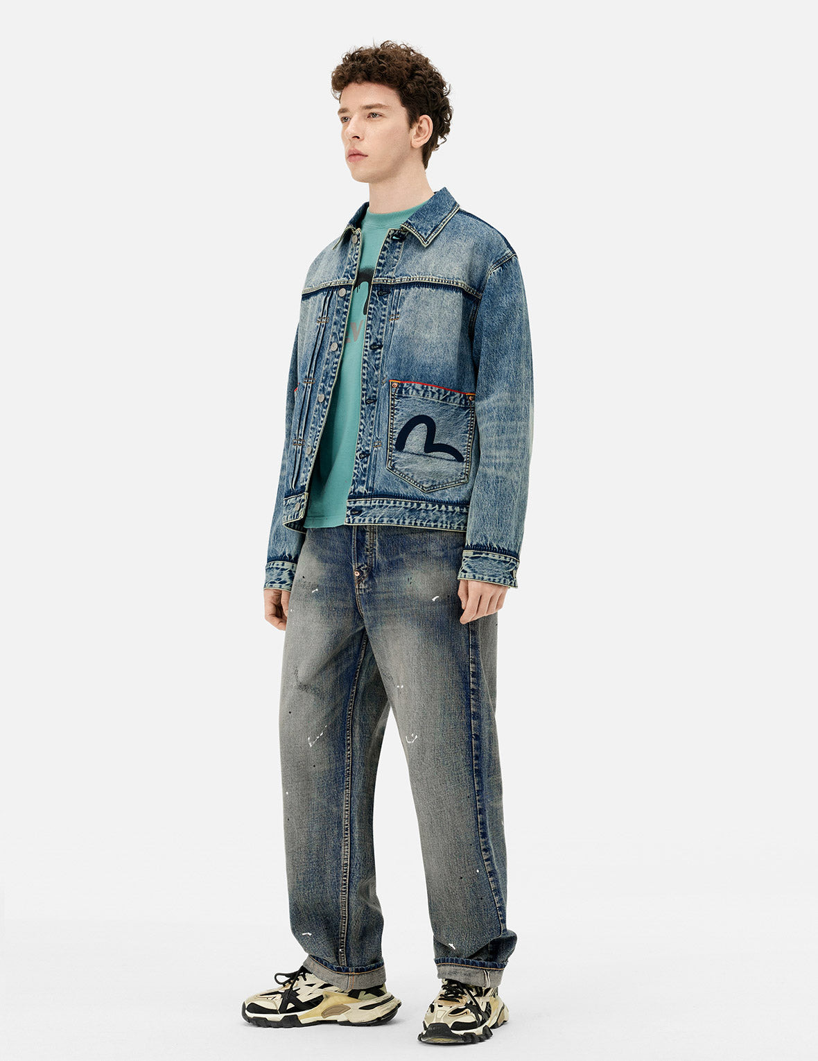 Washed Seagull Appliqué Embroidery Relax Fit Denim Jacket - 3