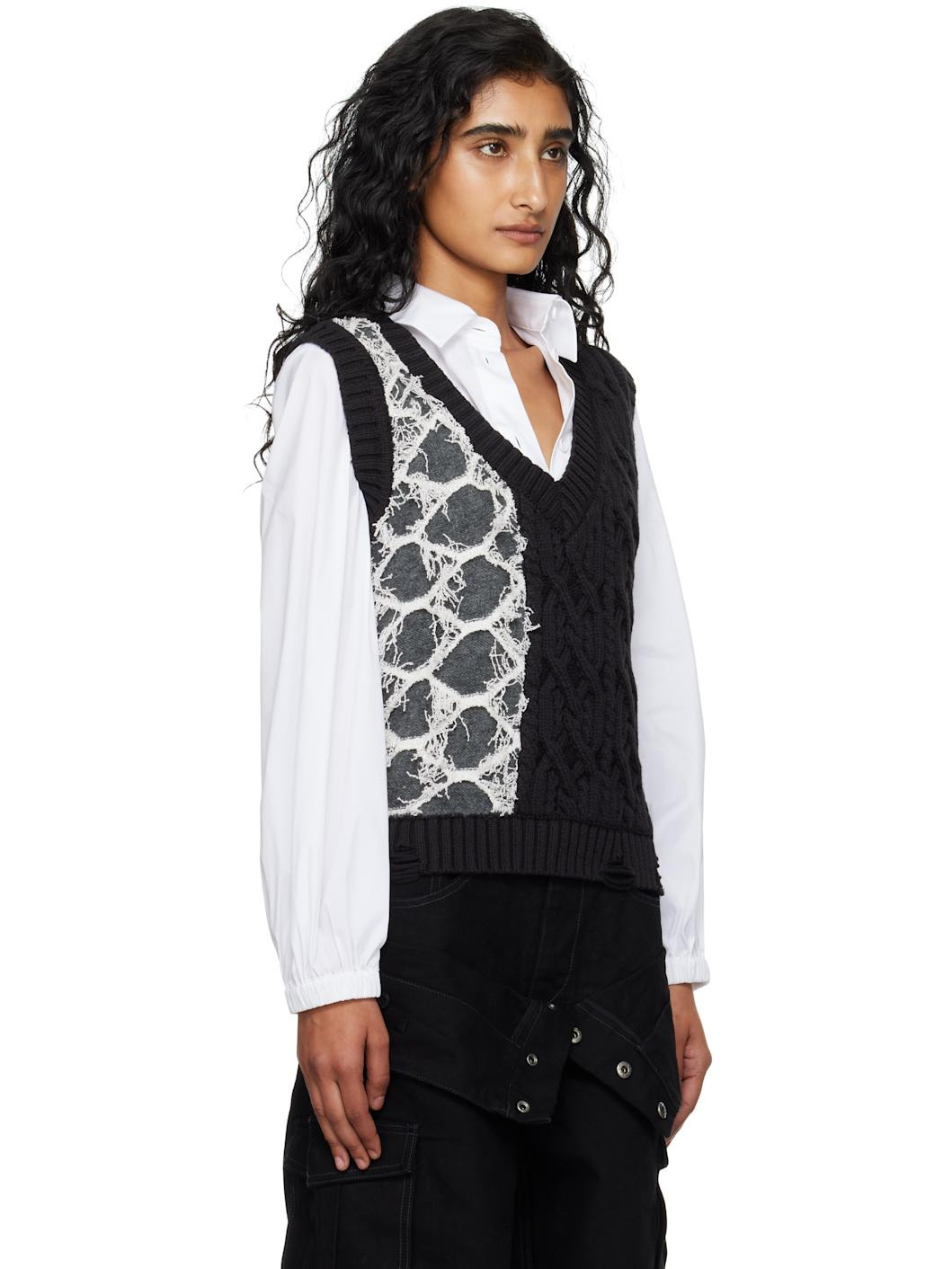 Black & Gray Boucle Cable Patchwork Knit Vest - 2