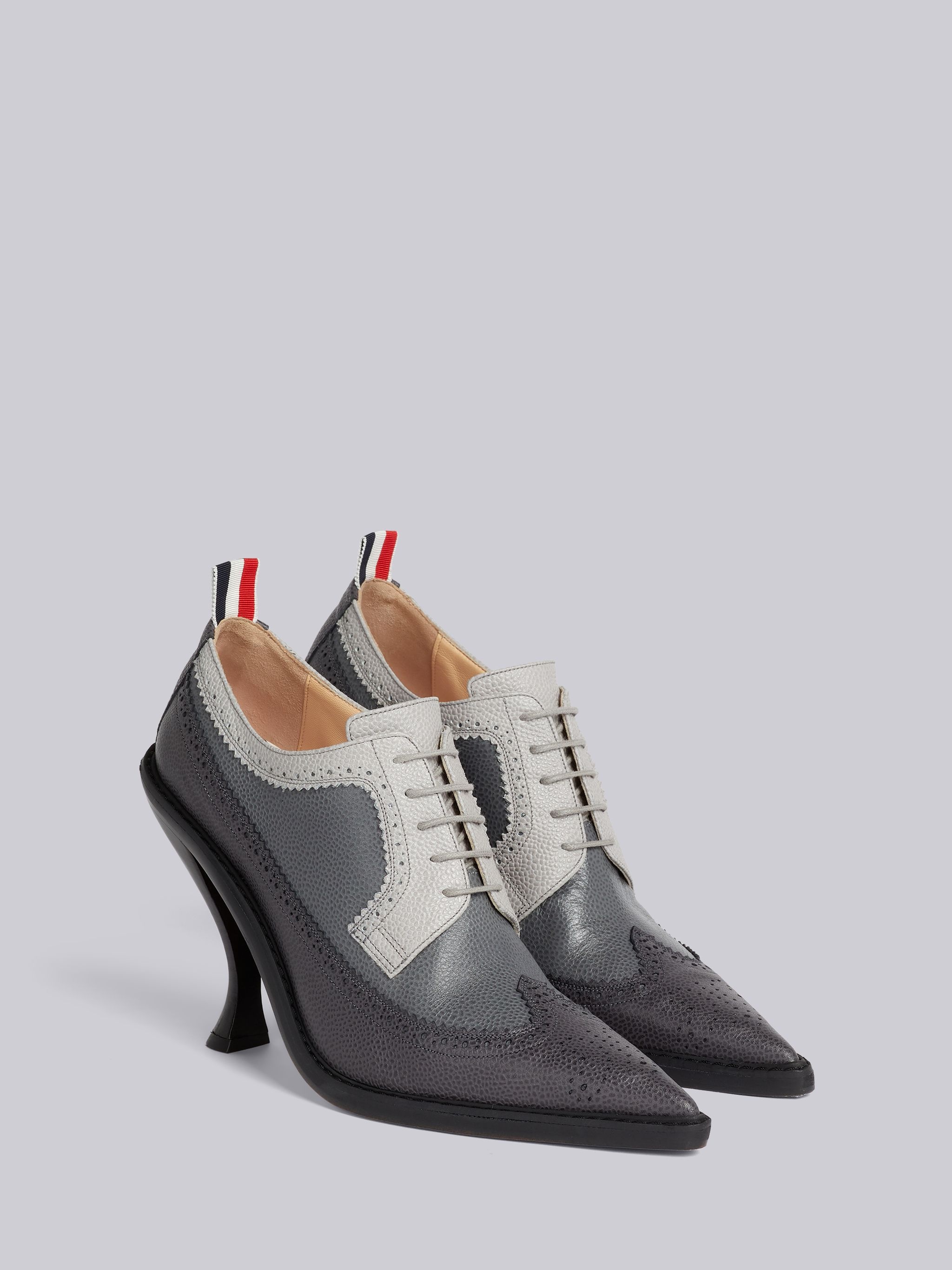 Charcoal Pebble Grain Leather 105mm Curved Heel Longwing Spectator Brogue - 3