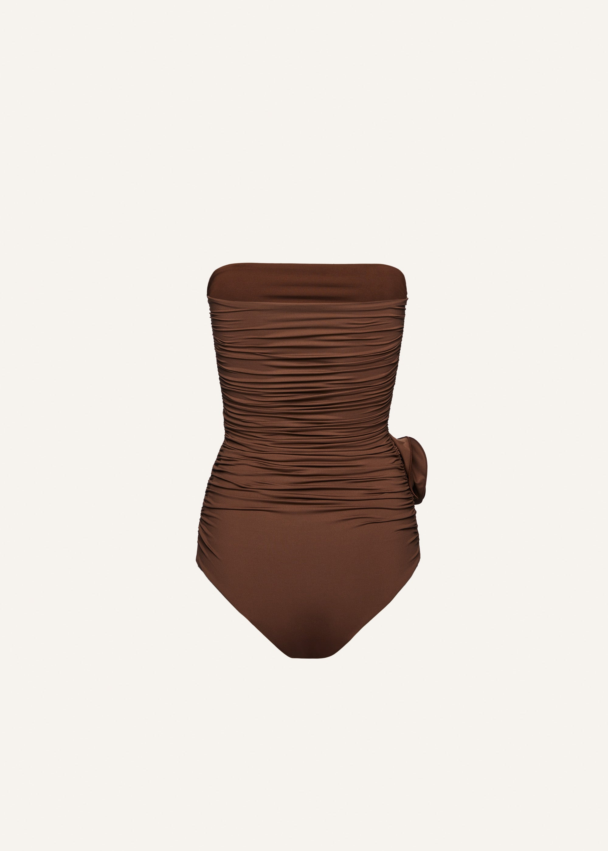Flower appliqué strapless draped swimsuit in brown - 2