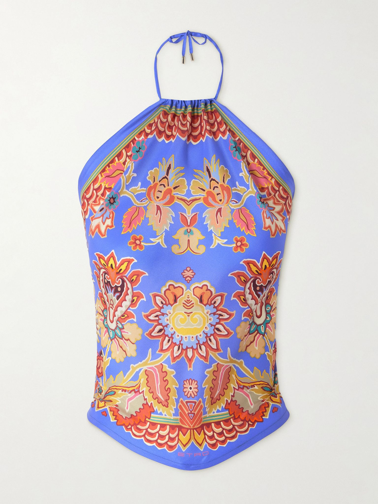 Cropped printed silk-satin top Blue - 1