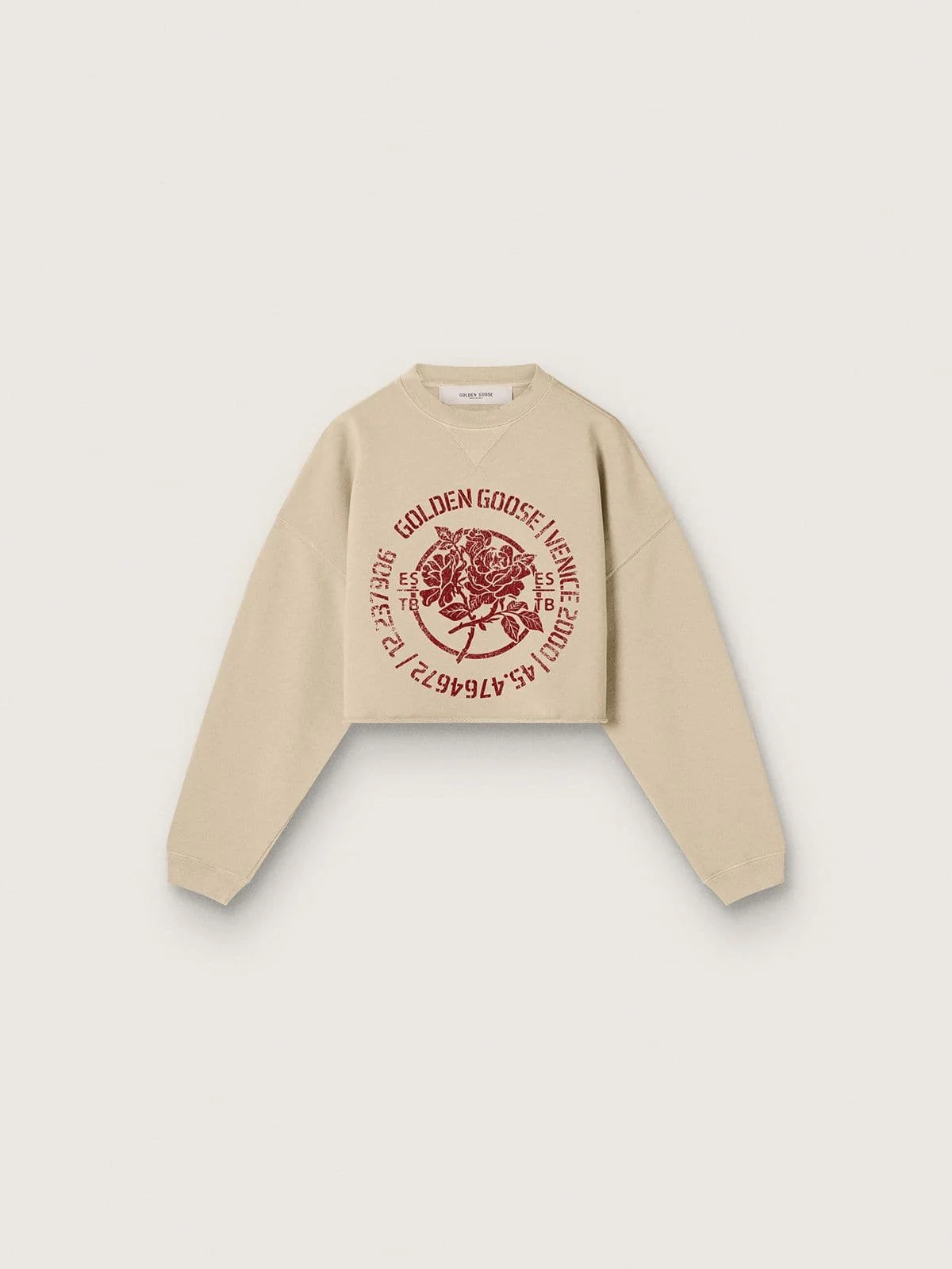 Women's cropped sweatshirt in beige cotton with print - 1