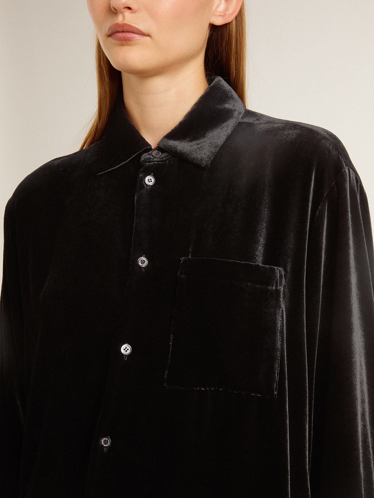 Velvet-effect black shirt with embroidery - 2