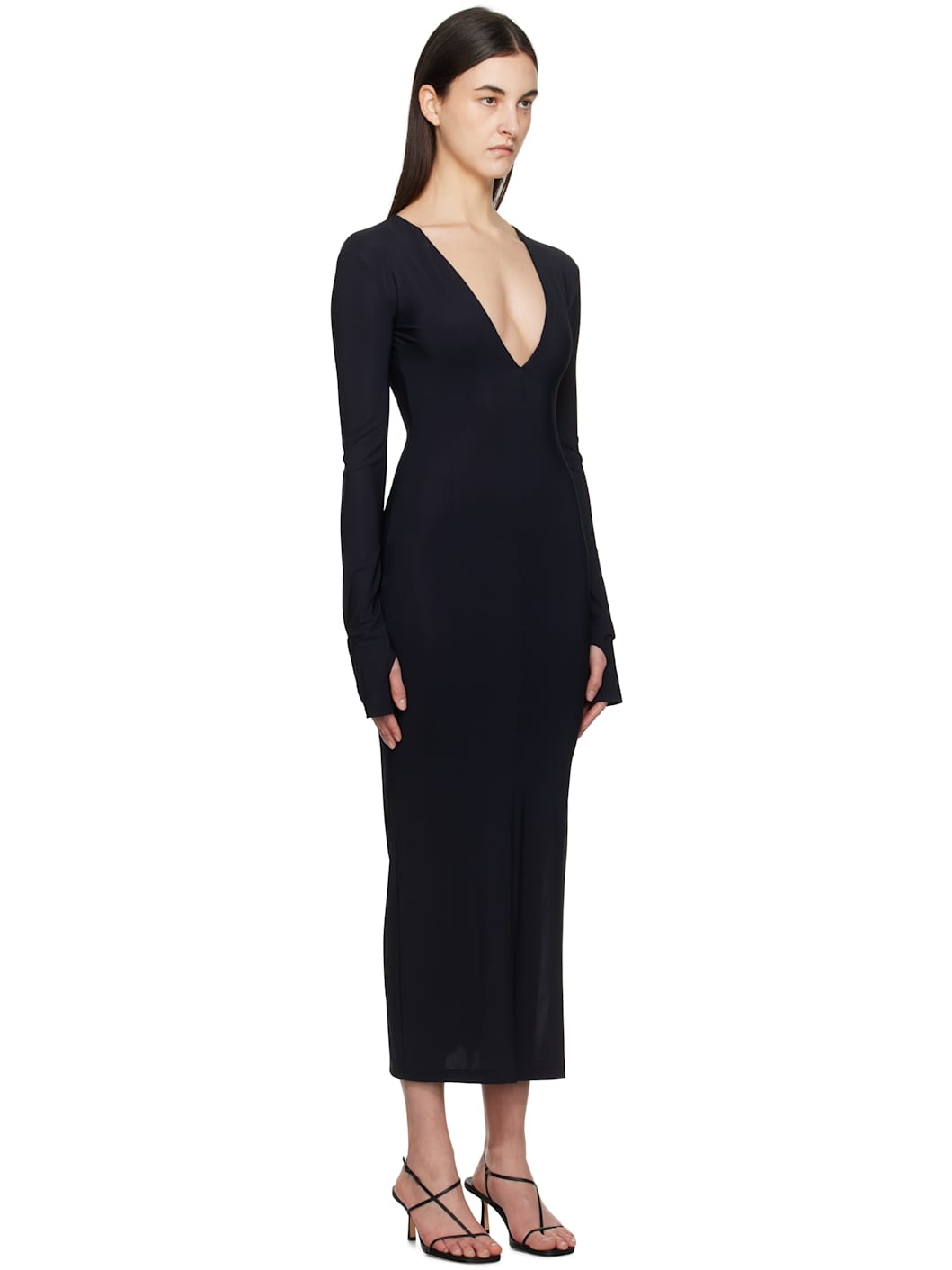 Black Lycra Jersey Pluge Maxi Dress - 2