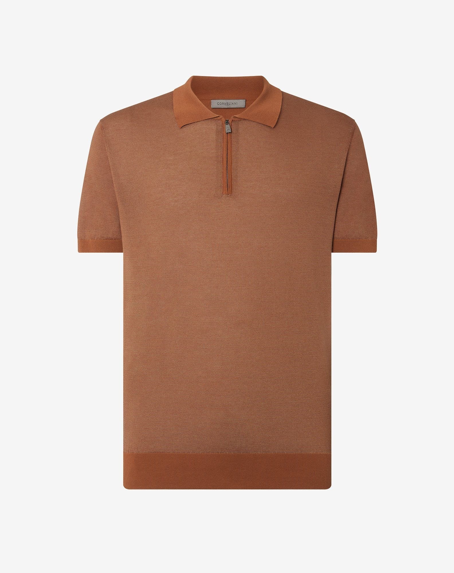 Ice cotton and silk polo shirt with burned earth/honey blue zip - 1