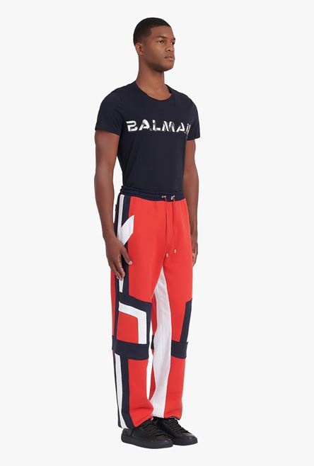 Red, navy blue and white eco-designed cotton sweatpants with embossed Balmain logo - 7