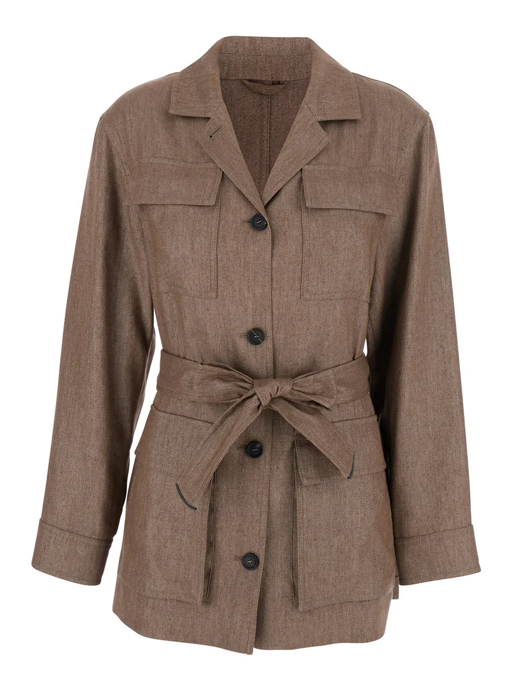 Brunello Cucinelli Women Brown Jacket With Notched Revers And Front Closure With Bow In Linen Blend - 1