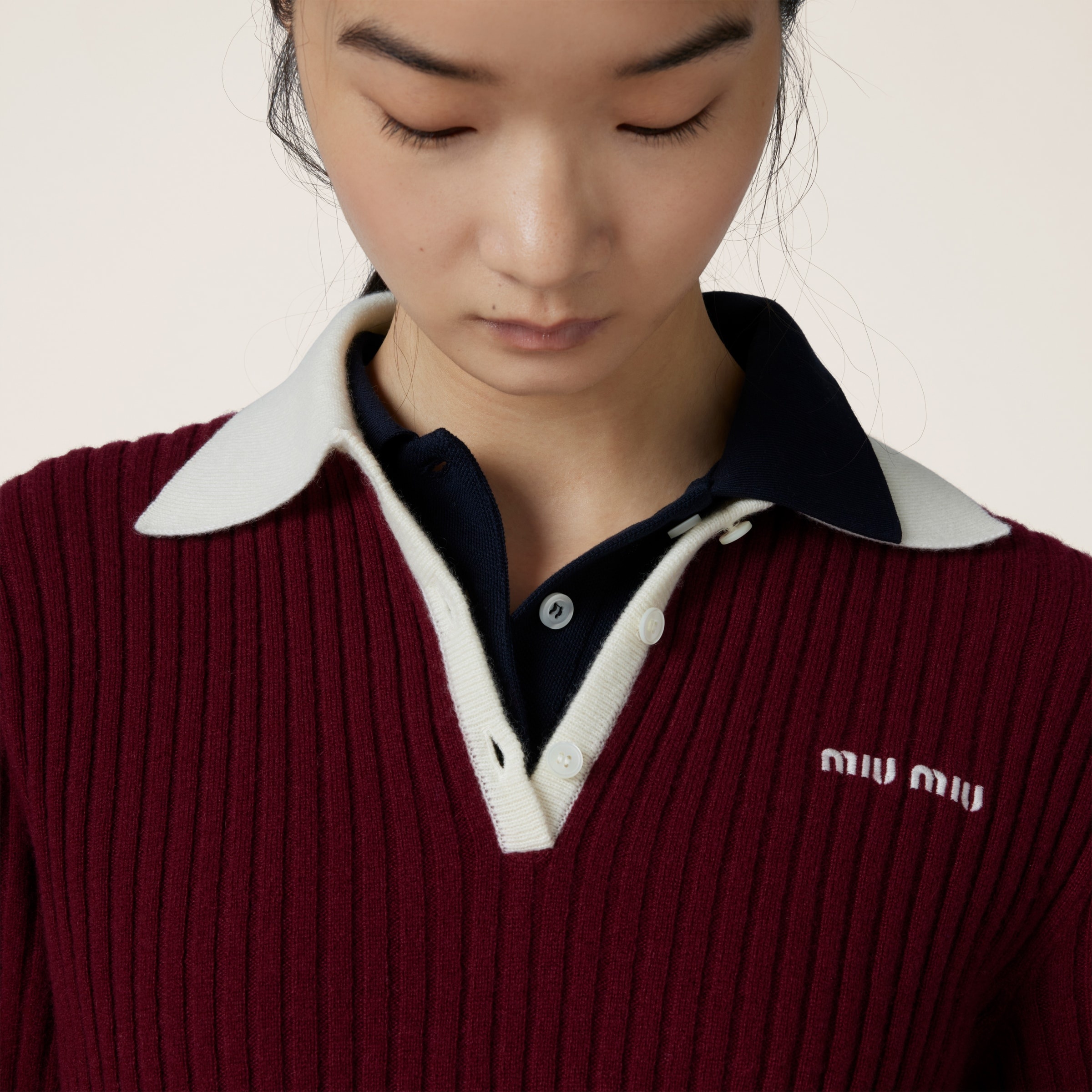 関税込【MiuMiu】Layered wool and cashmere polo shirt Layered wool and cashmere polo shirt in brown - Miu Miu