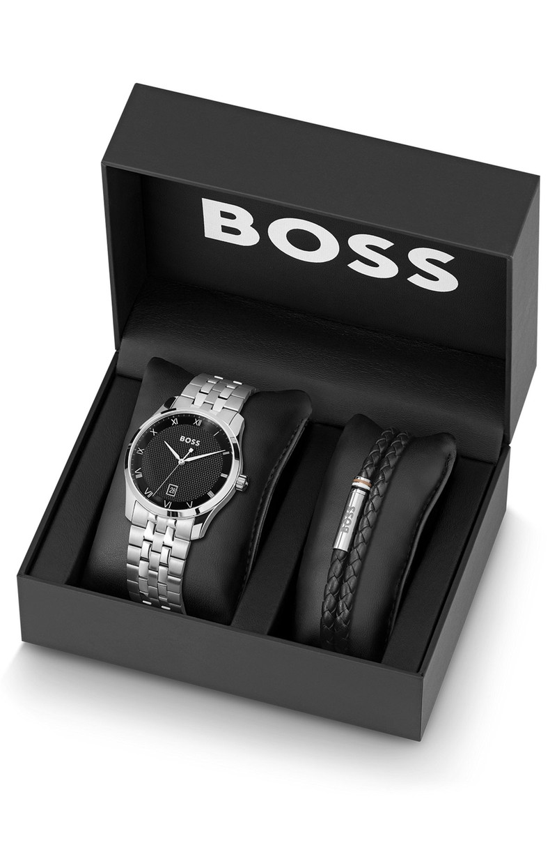 KNURLED-DIAL WATCH AND BRAIDED-LEATHER CUFF GIFT SET 3