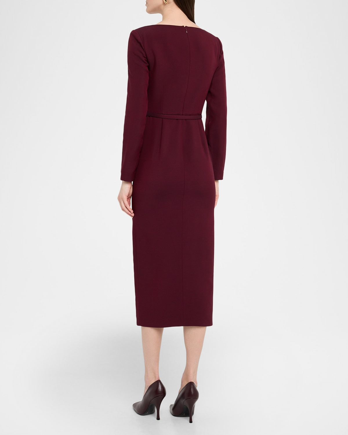 Long-Sleeve Belted Wool-Silk Midi Dress - 3