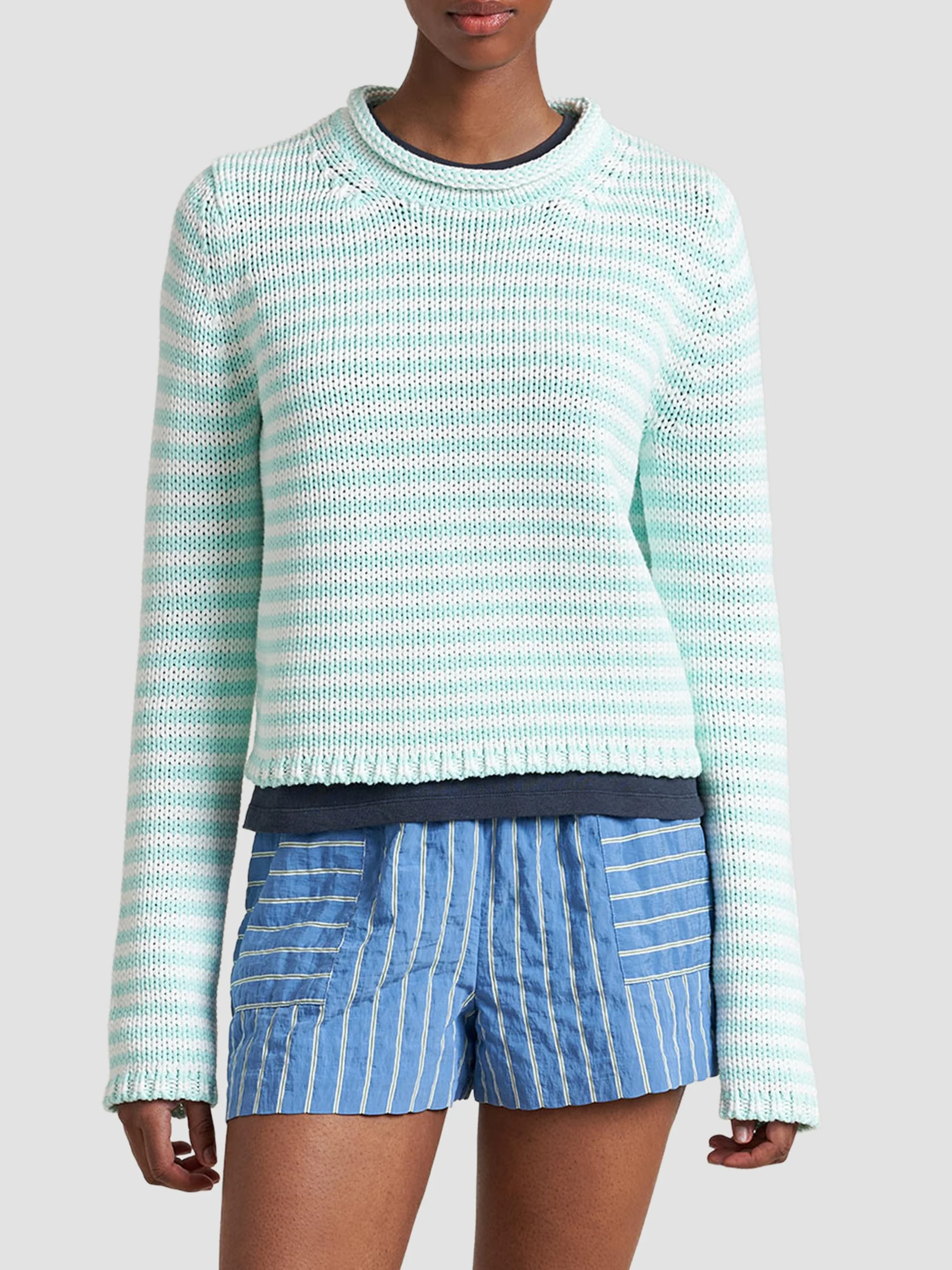 Women's Fine Stripe Mini Marina Sweater - Aqua Ivory - 1