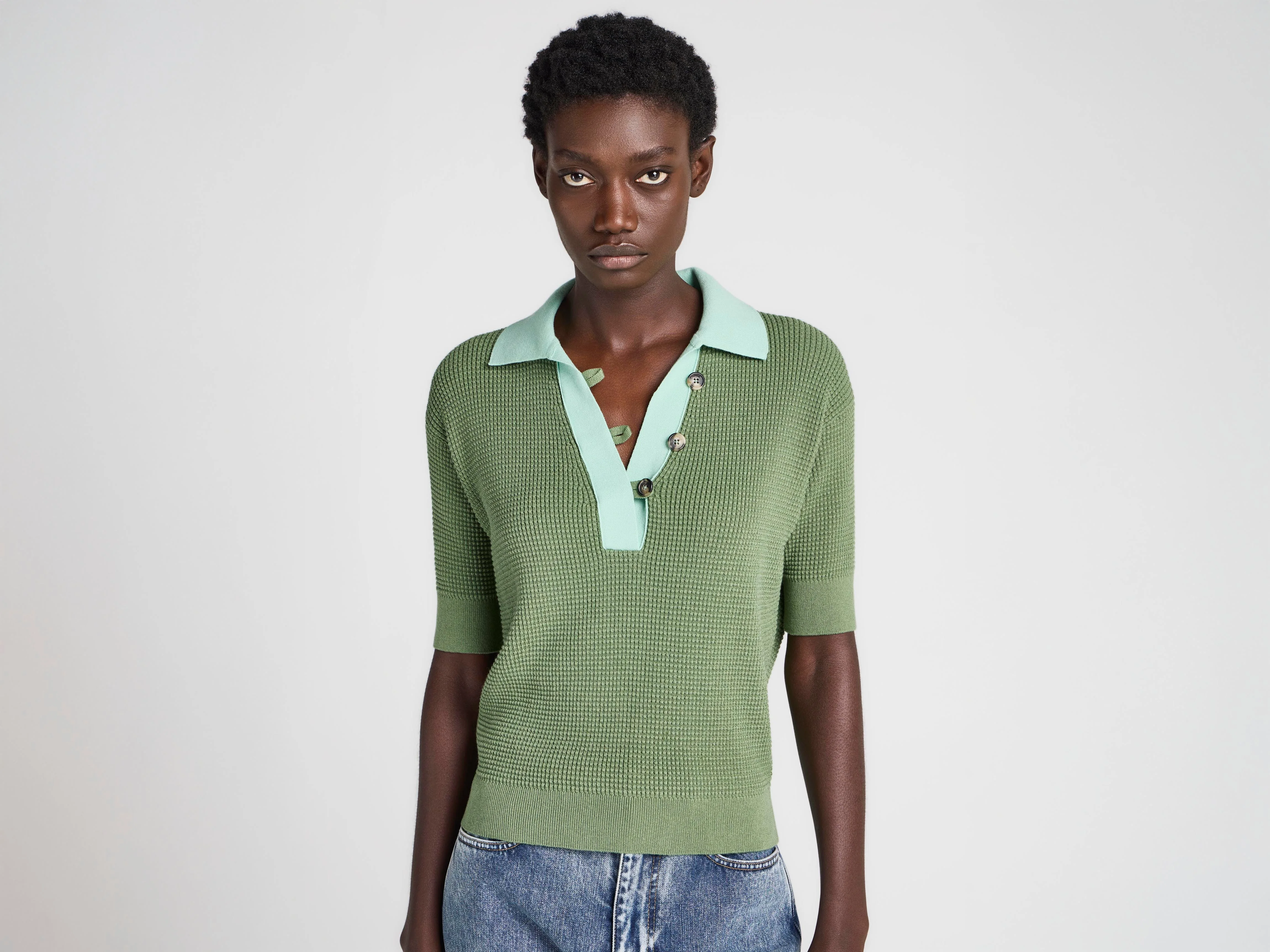 WOMENS KNITTED POLO TOP IN PEPPERMINT - 1