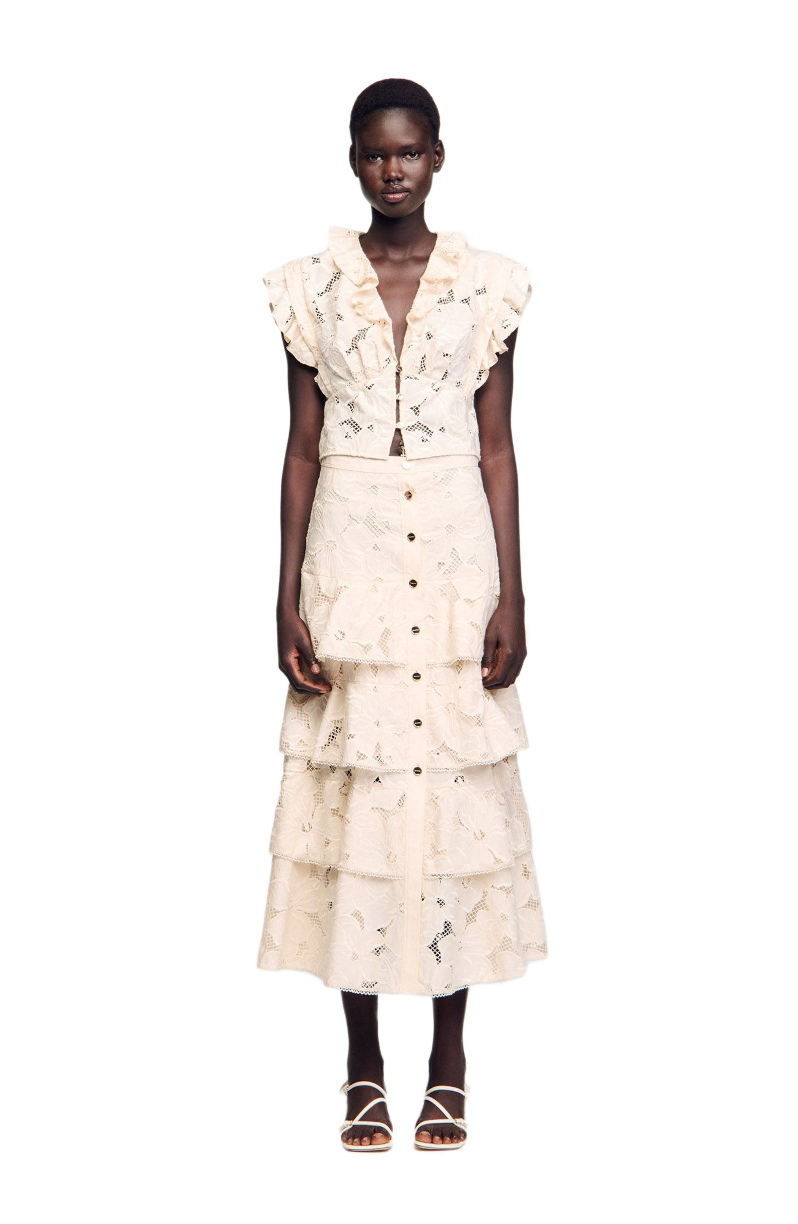 SANDRO Long frilled skirt in Ecru at Nordstrom - 3