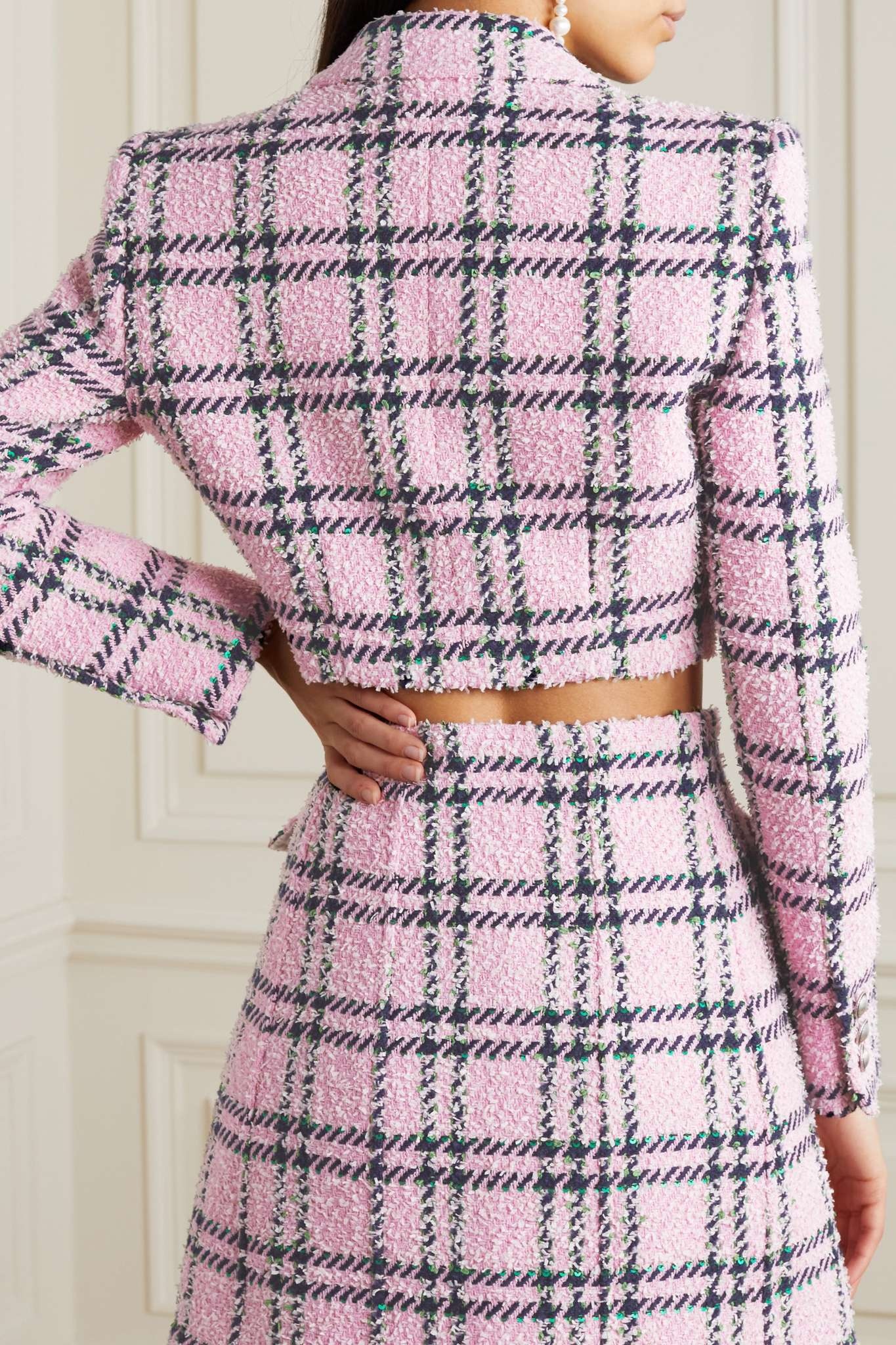 Cropped embellished checked wool-blend tweed blazer - 3