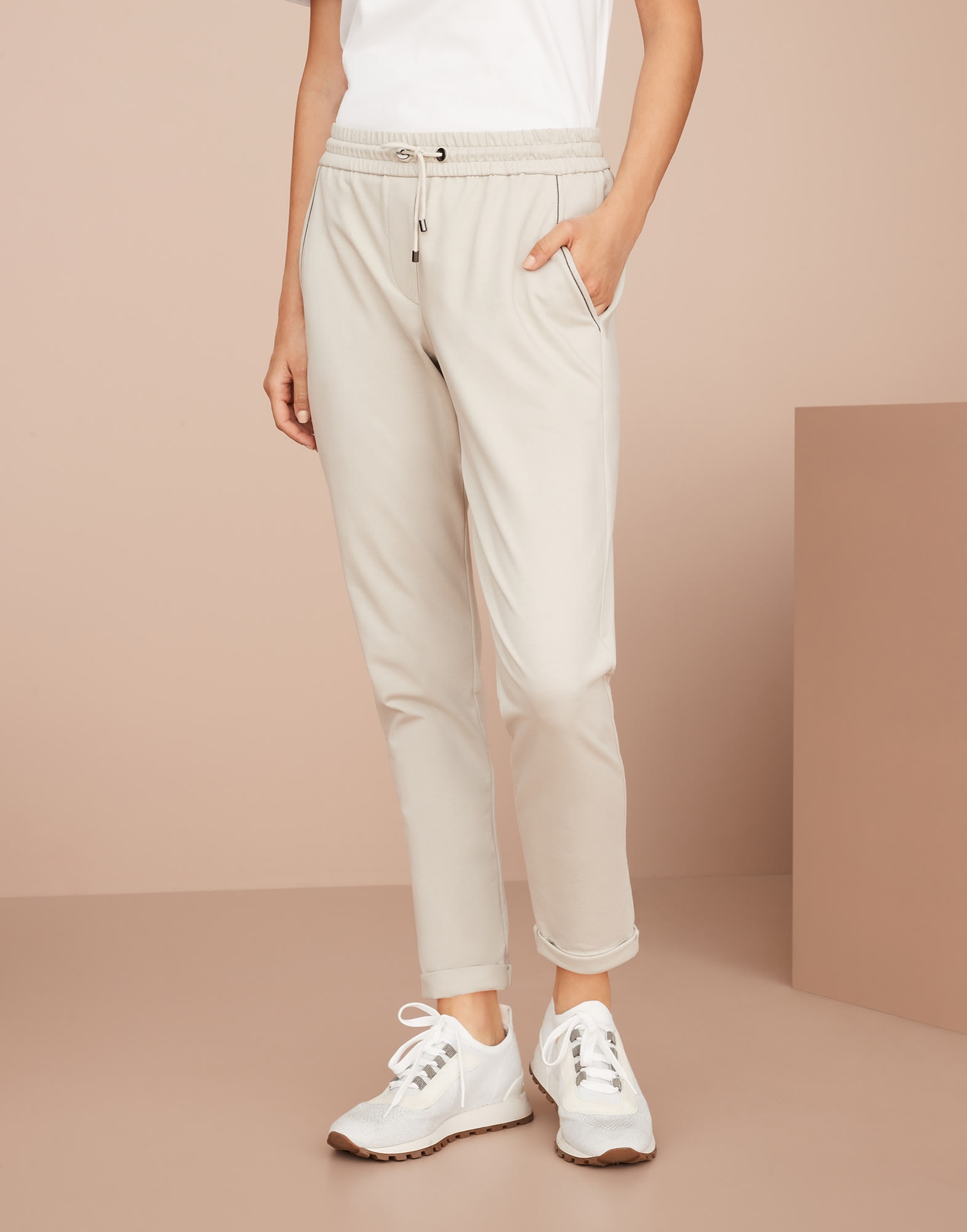 Stretch cotton lightweight French terry trousers with monili - 1