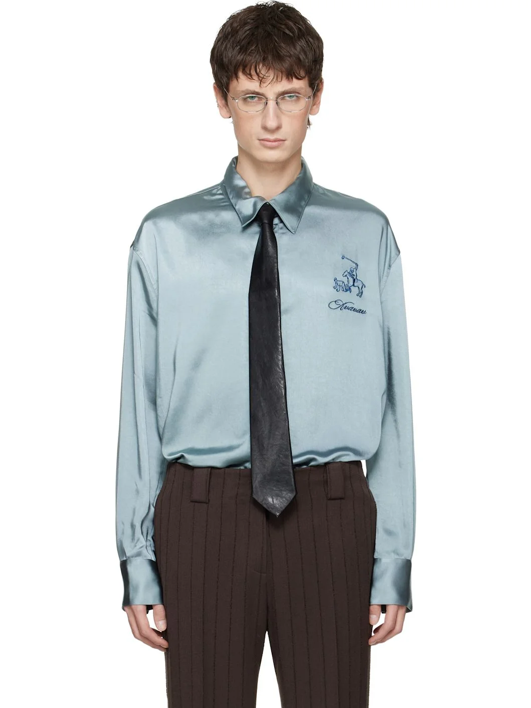 Blue Satin Button-Up Shirt - 1