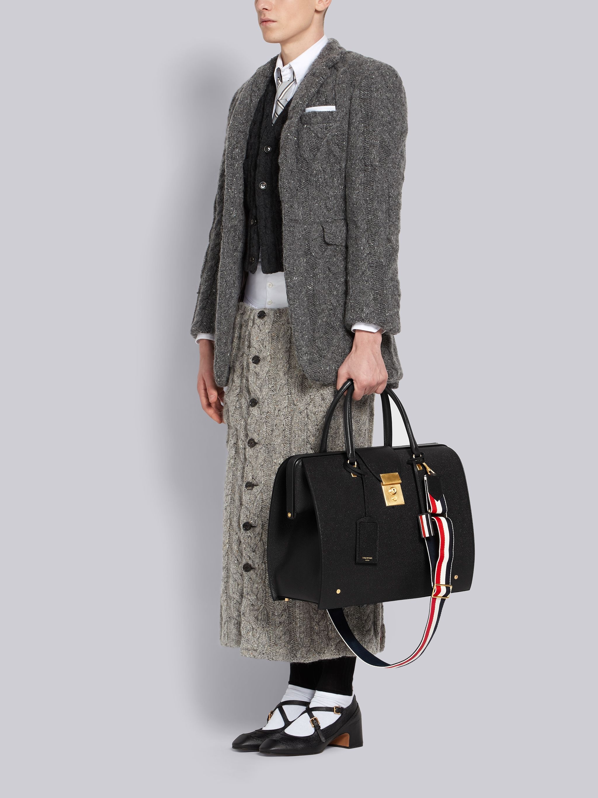 Black Pebbled Calfskin Webbing Shoulder Strap Mr. Thom Bag - 6