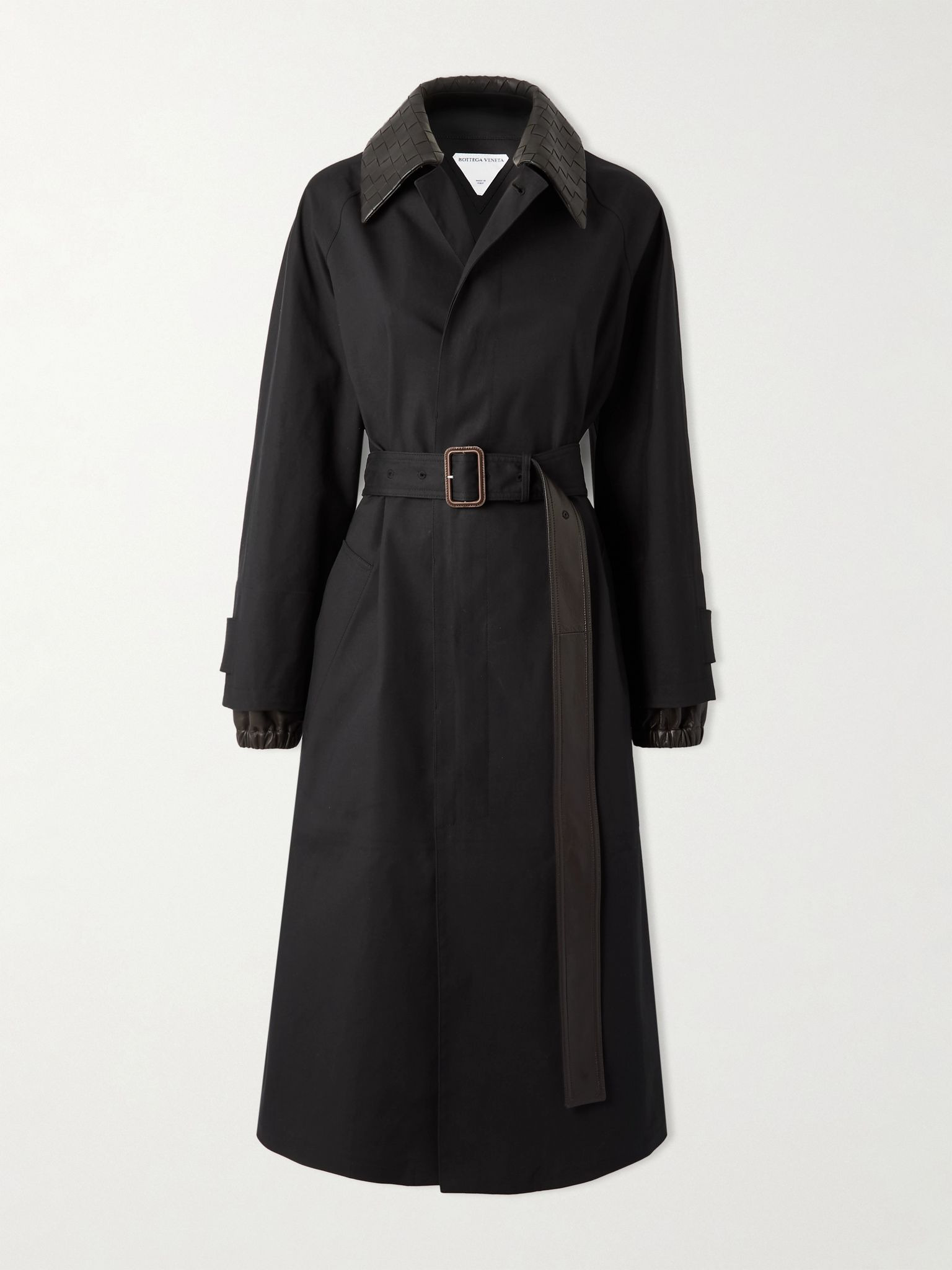 Belted intrecciato leather-trimmed cotton-blend gabardine trench coat Black - 1