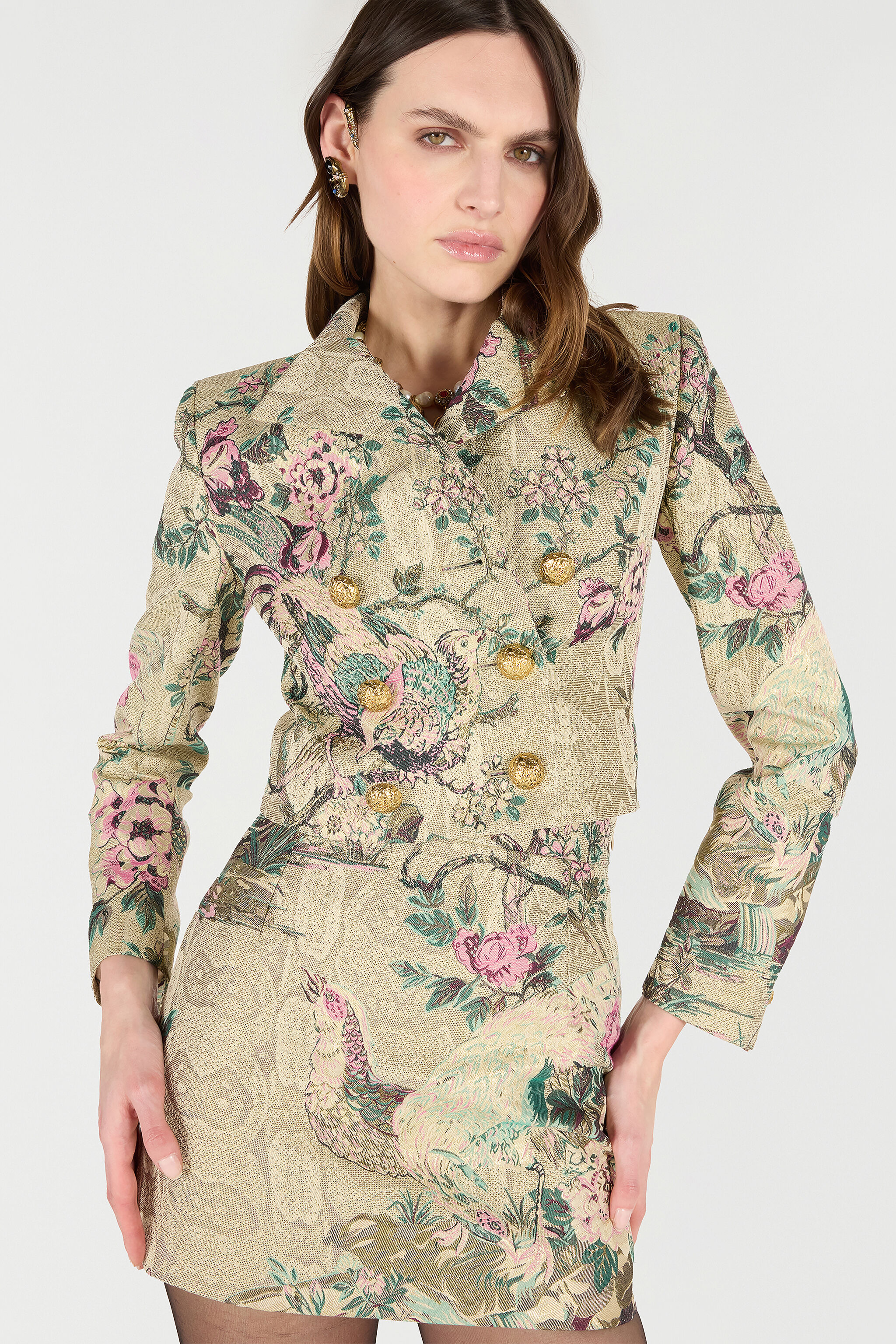 Cropped Jacket With Oriental Bird Print - 7