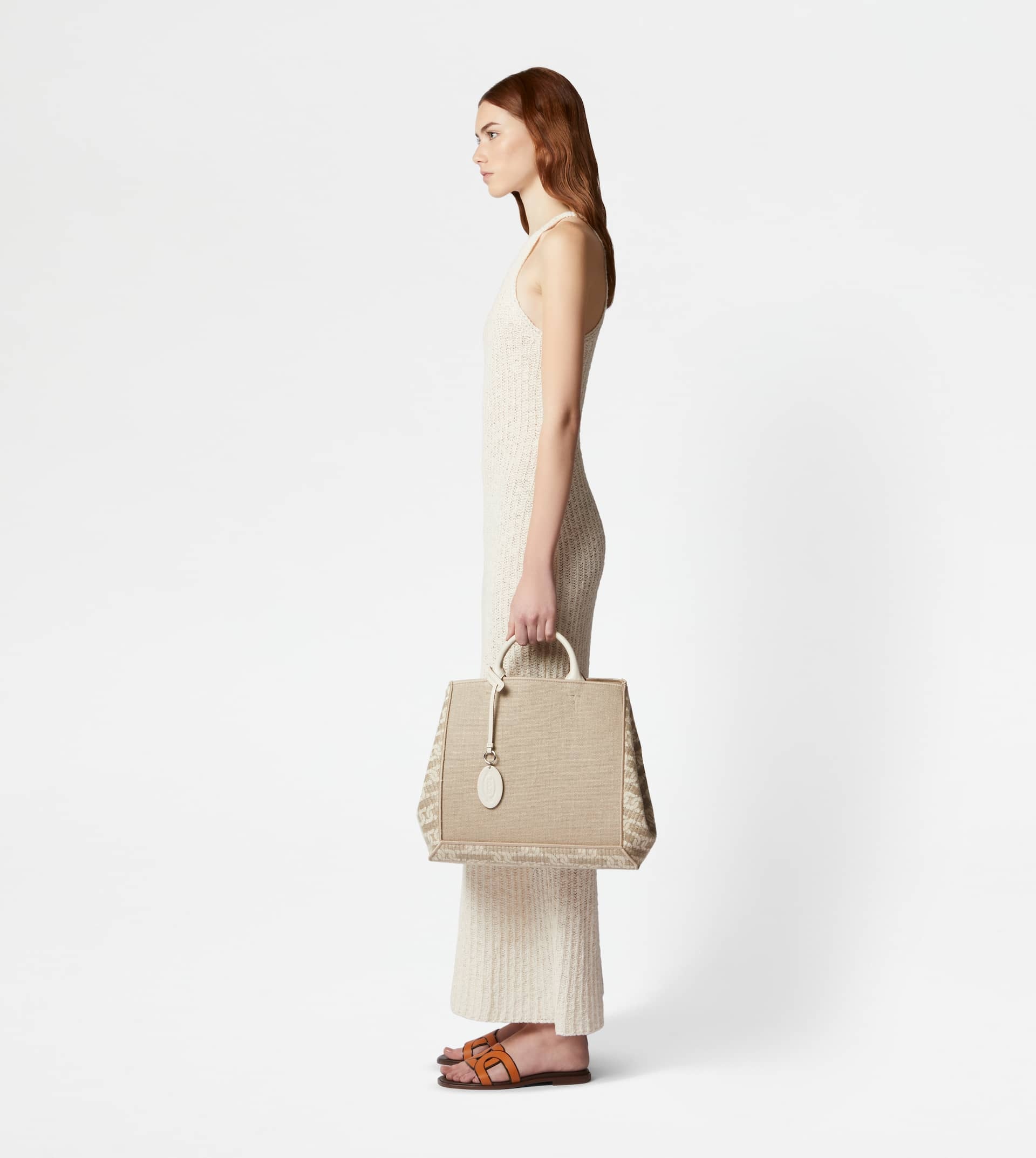 TOD'S DOUBLE UP SHOPPING BAG IN FABRIC AND LEATHER LARGE - BEIGE - 4