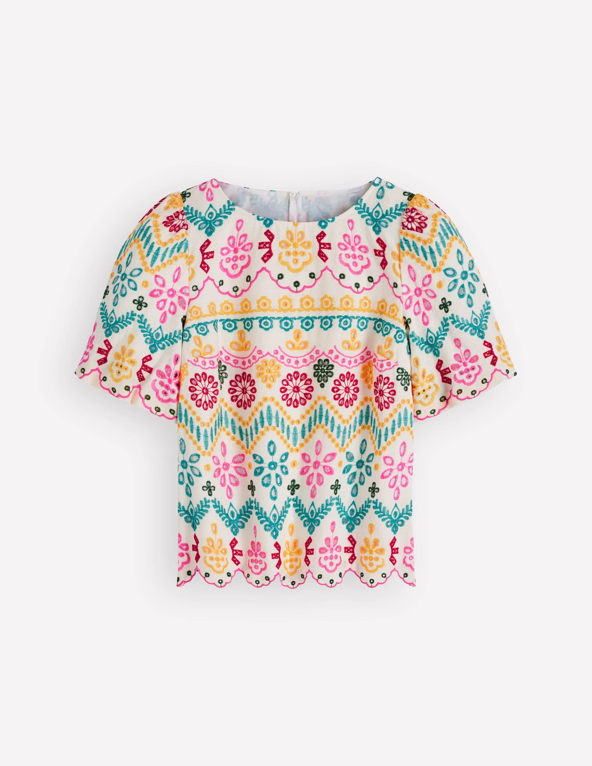 Linen Puff Sleeve Top-Multi Broderie - 1