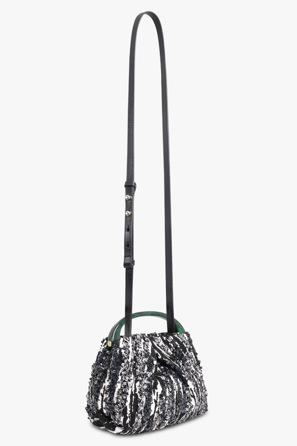 SEQUIN EMBELLISH MINI RESIN HANDLE BAG | BLACK/WHITE/GREEN - 2