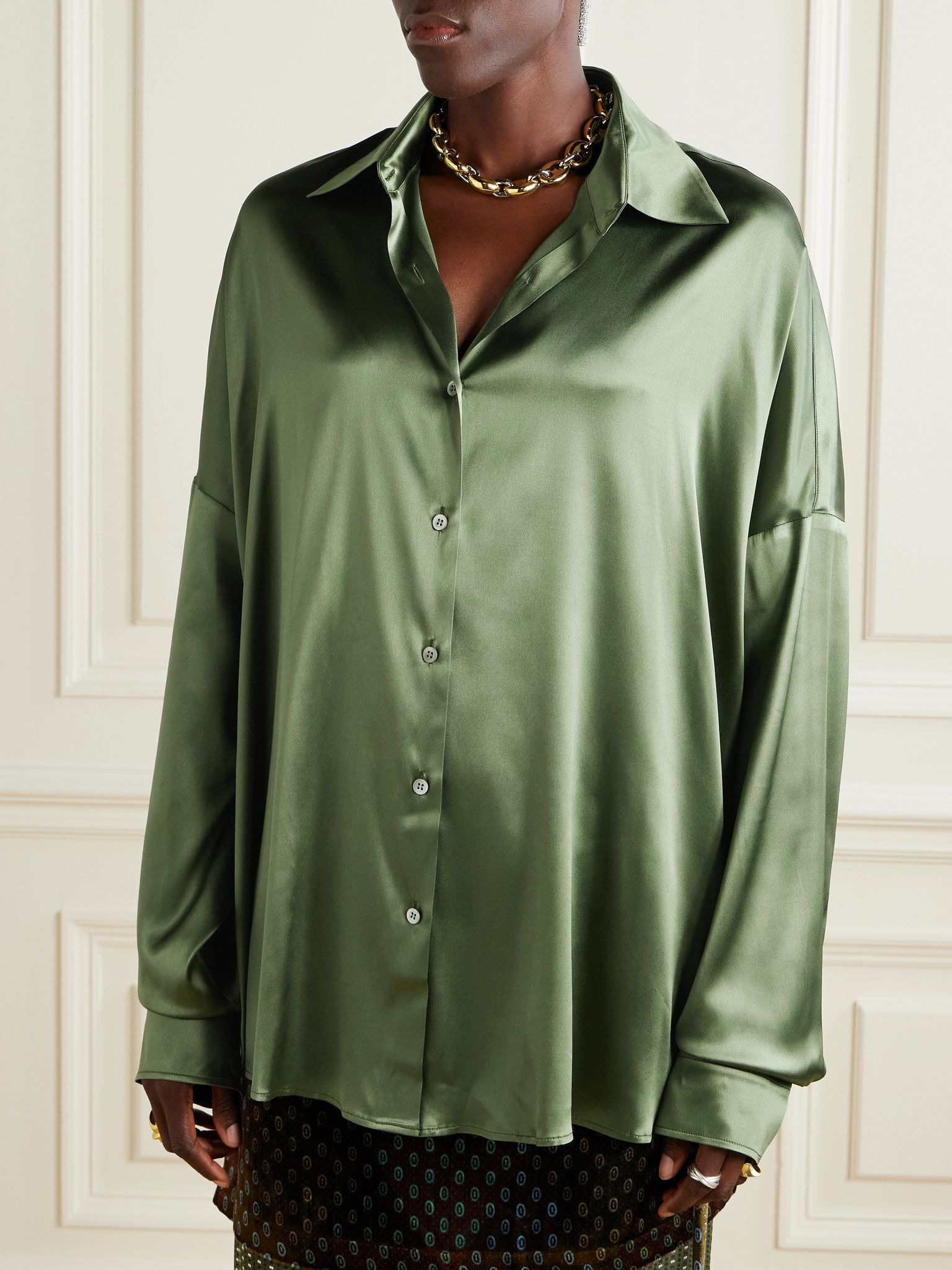 Casia oversized silk-satin shirt Green - 3