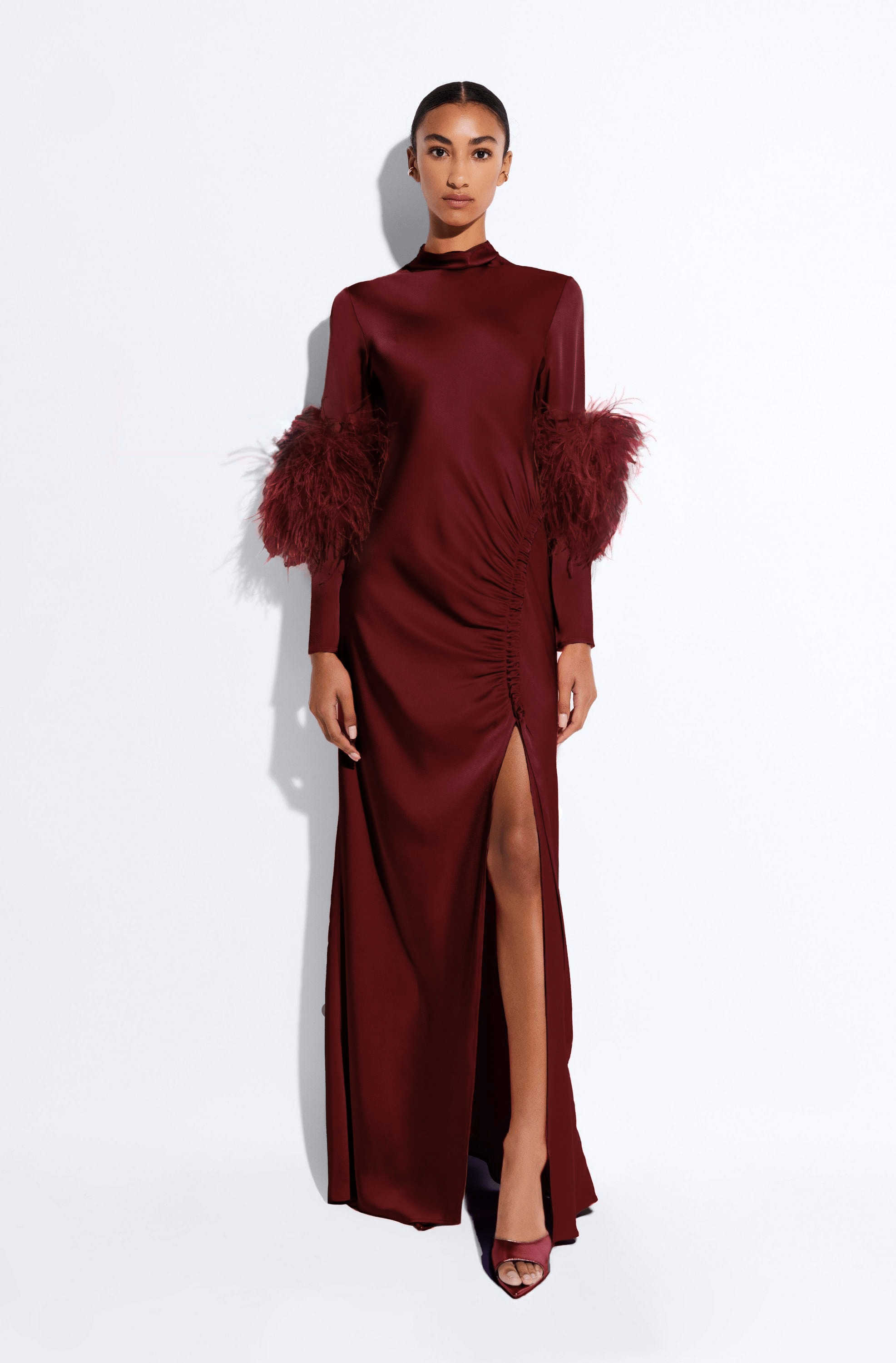 Satin Tab Gown With Feathers - 2