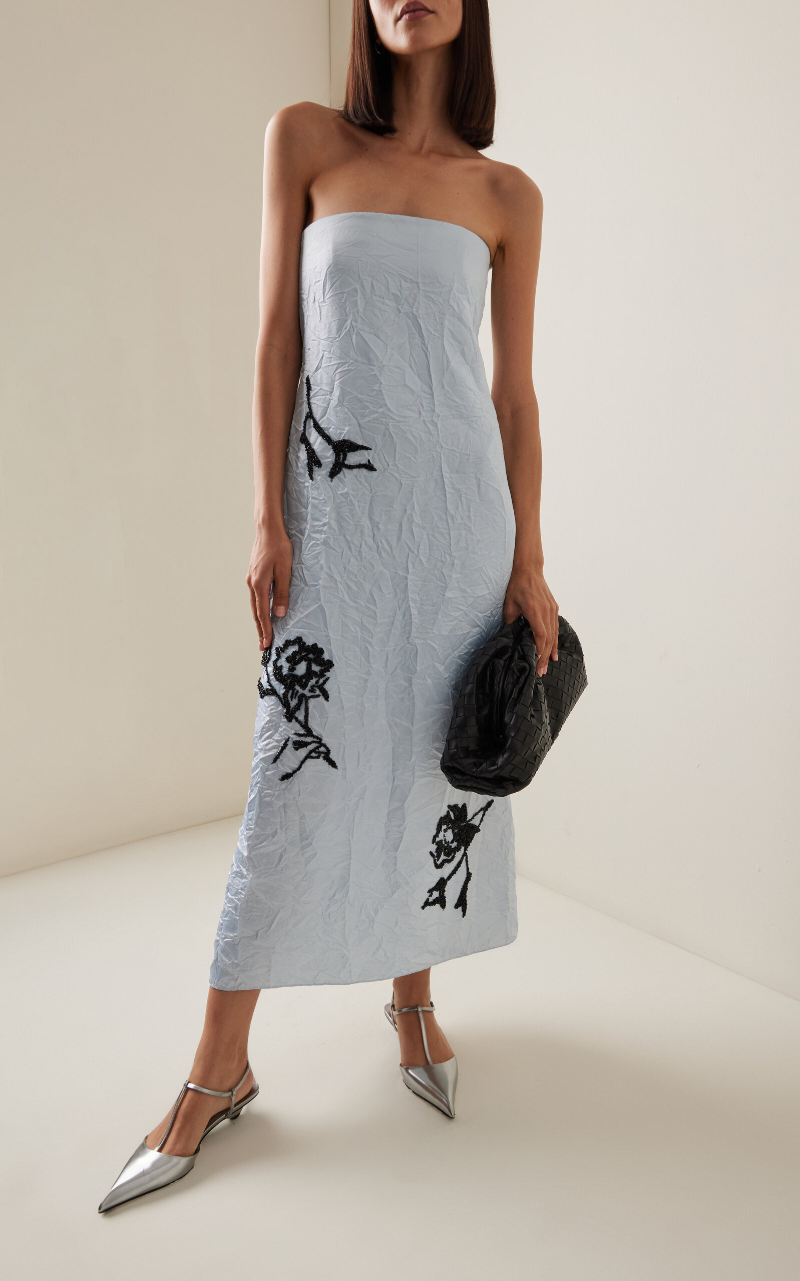 Embroidered Crinkled Satin Midi Dress light blue - 2