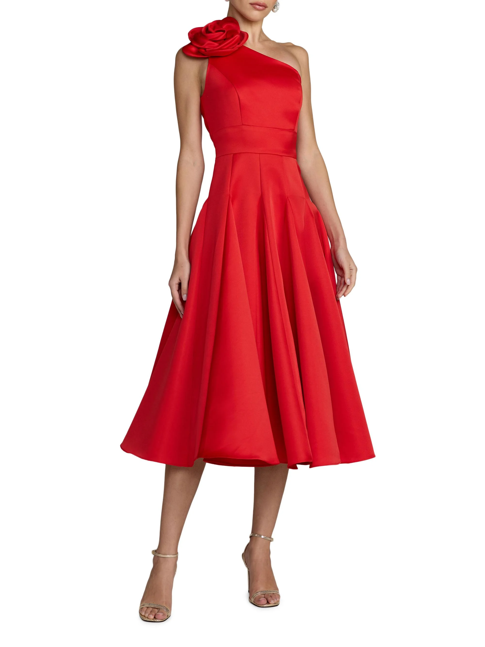Women's 3D Flower Satin Godet-Skirt Midi Dress - Red - 1