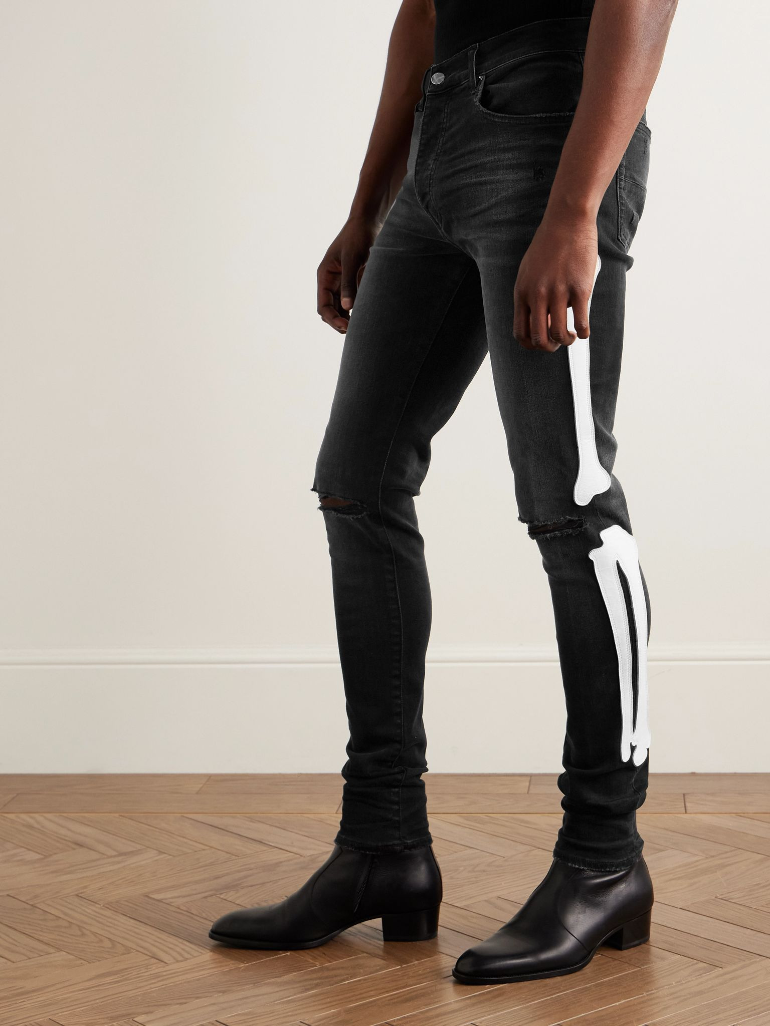 Bones Skinny-Fit Appliquéd Distressed Jeans Black - 3