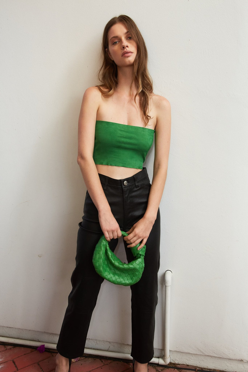 SPRWMN KELLY GREEN SUEDE MICRO TUBE TOP outlook