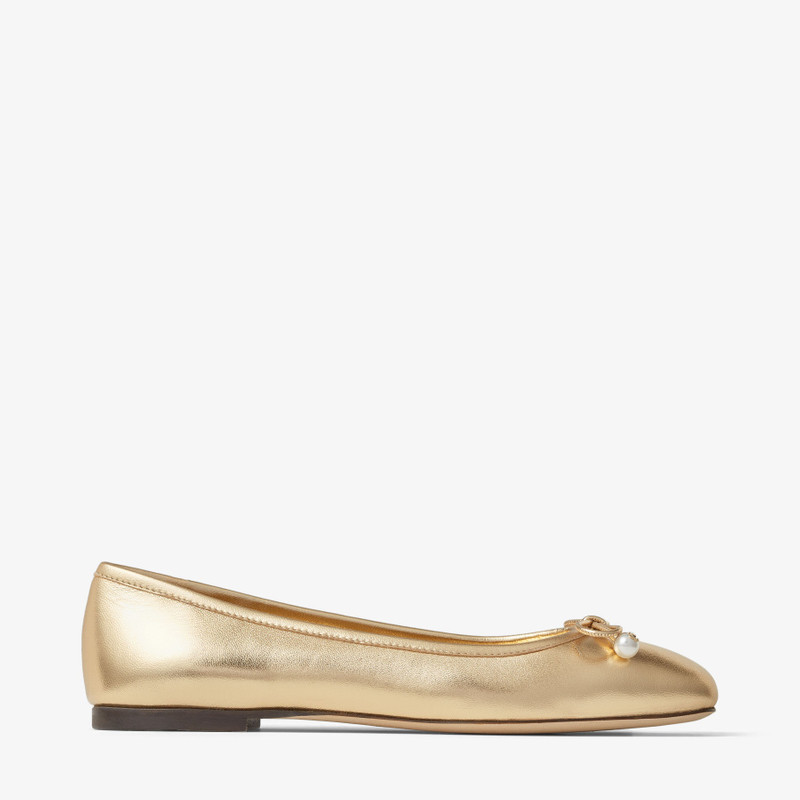 Elme Flat Gold Metallic Nappa Leather Flats with Pearl Embellishment - 1