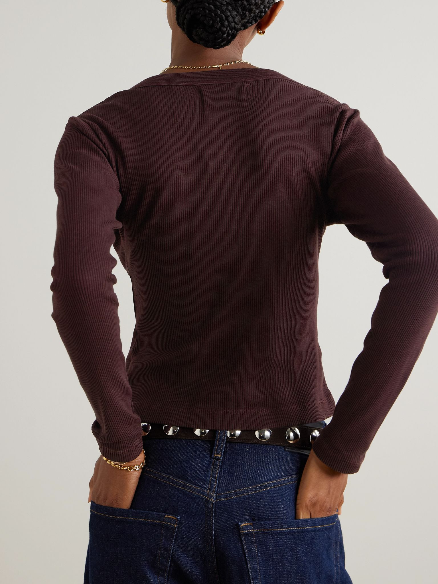 Varra ribbed stretch cotton and Lyocell-blend Henley top Burgundy - 3