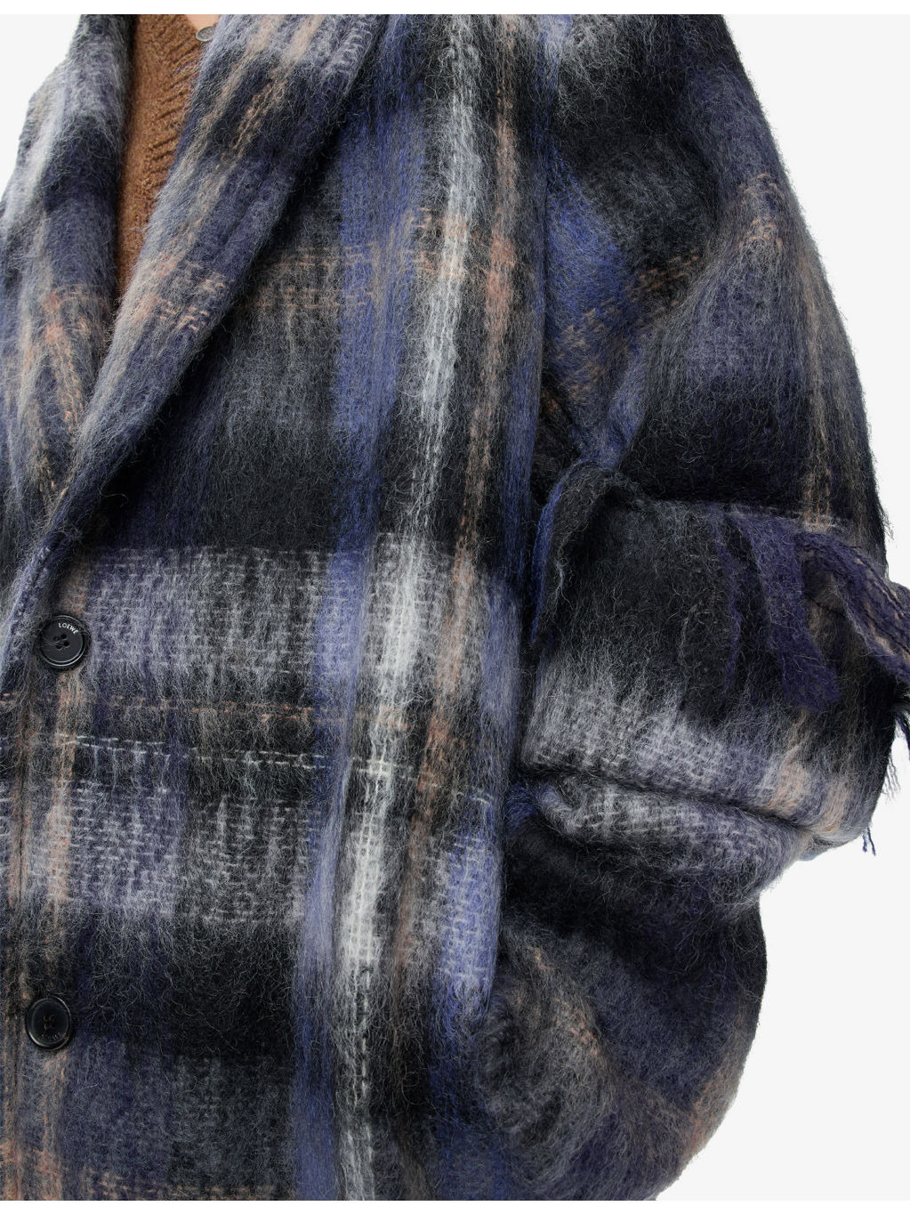 Check Brushed Mohair-Wool Long Coat - 5