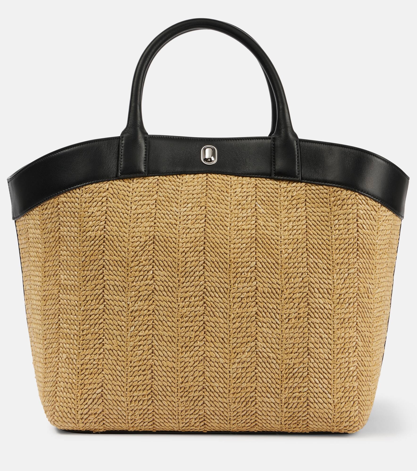 Tondo Large leather-trimmed raffia tote bag - 1