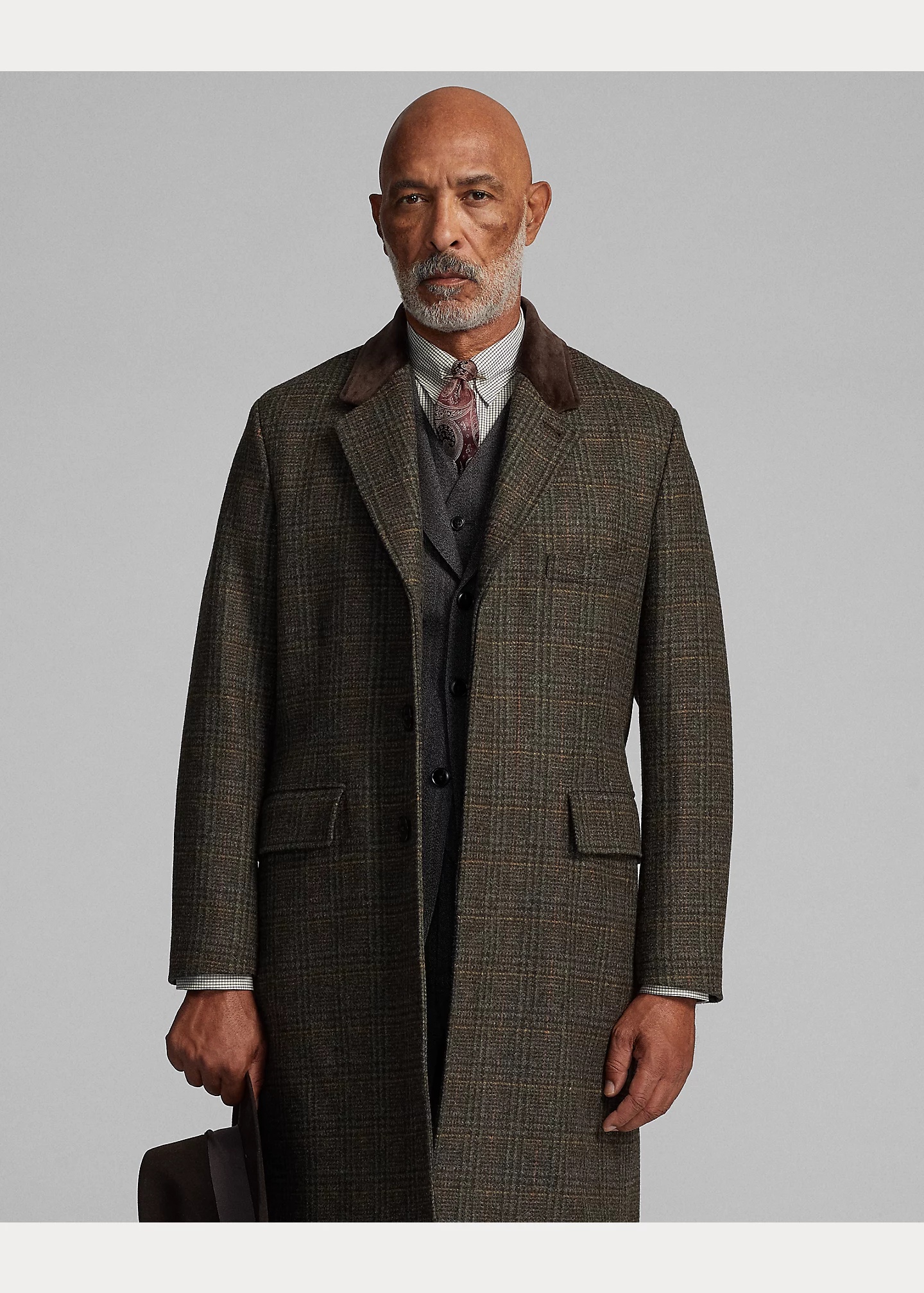 Velvet-Collar Plaid Shetland Wool Coat - 7