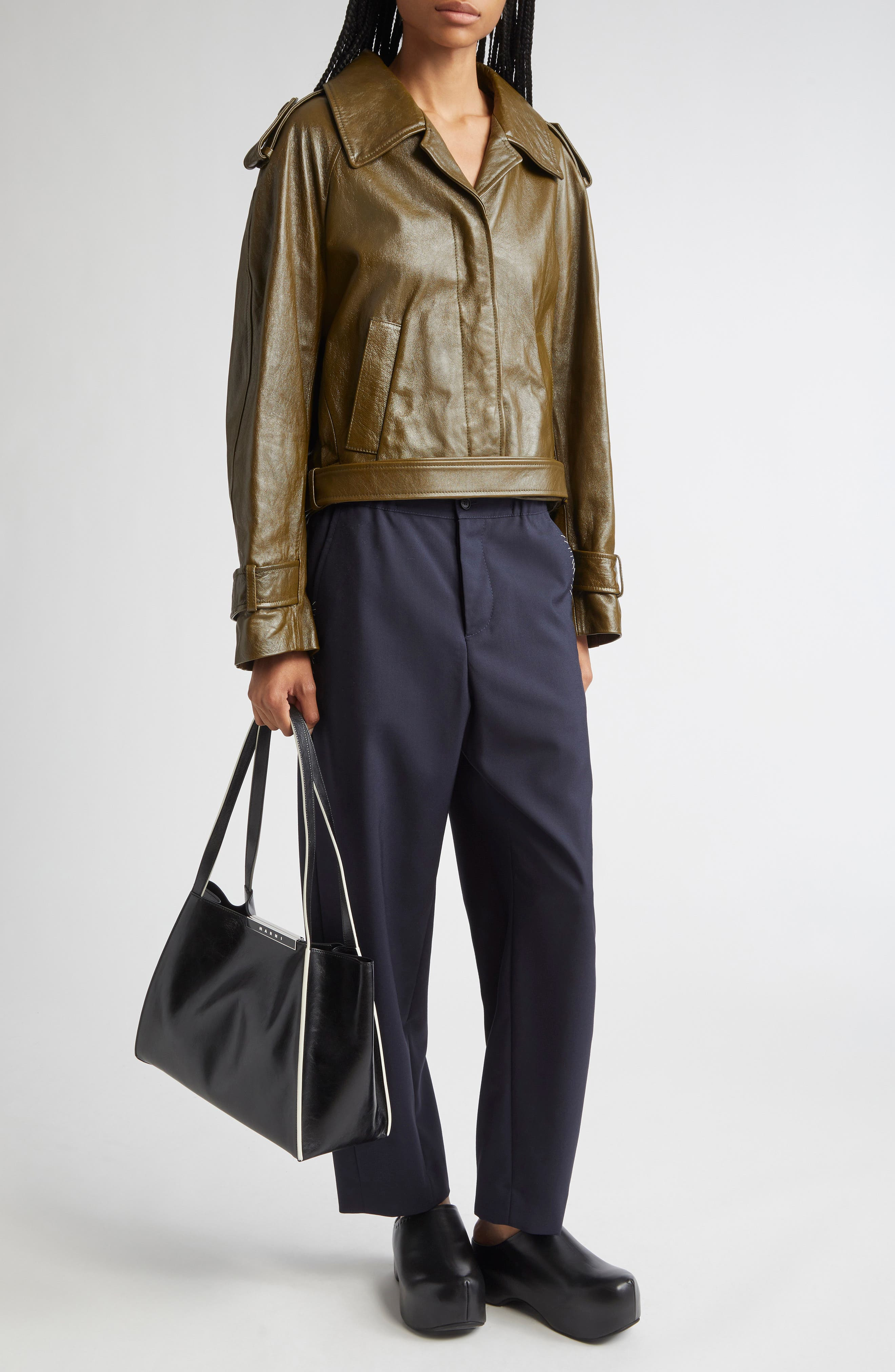 Marni Leather Crop Trench Coat in 00V58 Deep Sage at Nordstrom - 2
